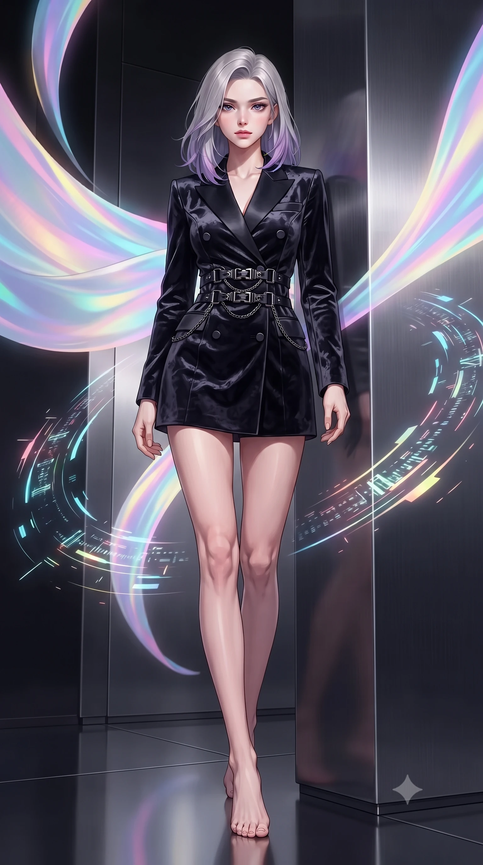 score_9, masterpiece, best quality, ultra-detailed, high-budget anime keyframe, editorial fashion photography, tasteful artistic composition, Caucasian woman. low angle full-body shot from head to toe showing her feet, filling the entire 9:16 vertical frame with her statuesque presence, stretching her vertical silhouette. navigating the private sanctuary with an effortless, graceful stride, resting against a dark metallic pillar as holographic data streams orbit her form, holographic silk tapestries projecting vibrant pastel light arcs around her. She has an absolutely perfect, statuesque 8.5-heads proportion, an exceptionally tall and slender model-like female figure with impossibly long slender legs and an ultra-slim waist. sharp v-shaped jawline, high-bridge nose, intricate jewel-like eyes with depth, thick eyelashes, glossy lips with a natural sheen. wearing tailored double-breasted obsidian blazer dress with silk lapels in pitch-black onyx, made of crushed dark silk velvet, framed by dark titanium buckles and silver chain details, the fitted fabric emphasizing her ultra-slim waist. surrounded by a glowing matrix aura with sharp edge highlights. highly saturated vibrant anime colors, detailed shading with soft gradients, rich glossy textures, high-contrast stereoscopic depth, volumetric dynamic lighting, master piece, 9:16 ratio