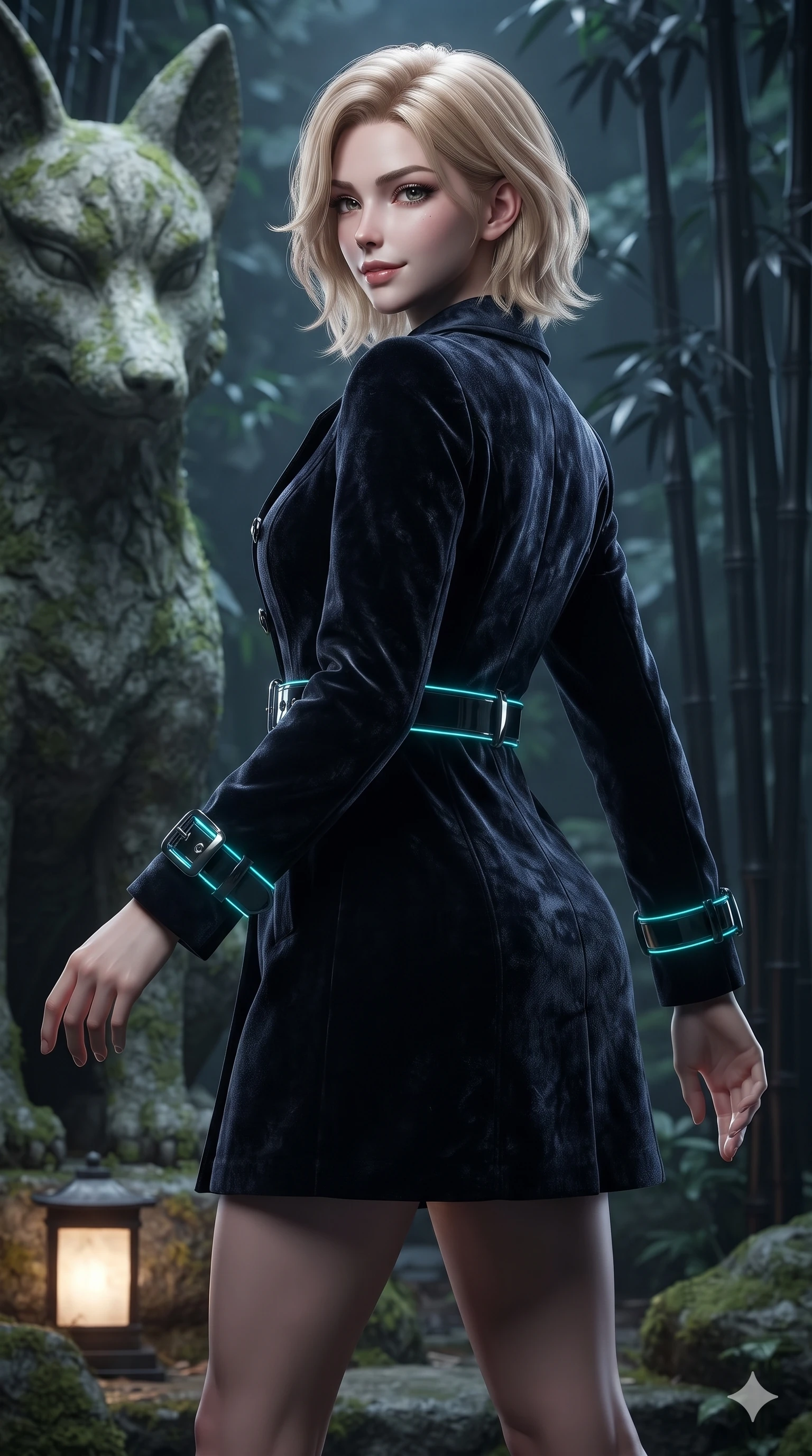 score_9, masterpiece, best quality, ultra-detailed, high-budget anime keyframe, editorial fashion photography, tasteful artistic composition, Caucasian woman. close-up cowboy shot from the waist and thighs up, the character dominates the composition, filling the frame with her large presence. posing in an alluring rear three-quarter angle, turning over a bare shoulder with an intoxicating, smoldering gaze while stepping forward into the spiritual clearing with feline grace, hips swaying in an alluring sensual rhythm that accentuates her curvy hourglass silhouette. The surrounding environment is rendered in vivid detail and crisp panoramic clarity: sharp carved stone fox facial contours, green lichen textures, and slender black bamboo node rings in deep focus. She has an exceptionally elegant, slender, and willowy female figure with an ultra-slim waist, flat toned midriff, narrow ribcage, and sculpted feminine hips creating an alluring, slim hourglass silhouette without bulk. sharp v-shaped jawline, high-bridge nose, intricate jewel-like dark sparkling eyes with hypnotic seductive depth, thick curled eyelashes, glossy parted lips with a natural wine sheen, alluring bedroom-eyes with an enigmatic smoldering smile, exuding magnetic sovereign charisma and dark avant-garde glamour, flawlessly proportioned anatomical accuracy, strict slender model proportions, natural body alignment, perfectly sculpted long slender limbs, ultra-slim waistline, clean dynamic posture without body distortion. wearing a structured double-breasted midnight trench coat dress with dark titanium buckle belt in neon cyan edge-glow and dark carbon black, tailored from crushed dark velvet with deep light-absorbing plush texture, accented with sculpted obsidian chrome rings at the waist, the bespoke structured tailoring following the natural line of her 8.5-heads silhouette with refined elegance. illuminated by spirit lantern cold ground bounce and sharp silver-cyan rim lights defining her razor-sharp jawline, narrow waist, and curvy hips. ultra-reflective glossy finish, specular highlights, metallic sheen, high-contrast stereoscopic depth, volumetric dynamic lighting, 2k, ultra detail, master piece, 9:16 ratio