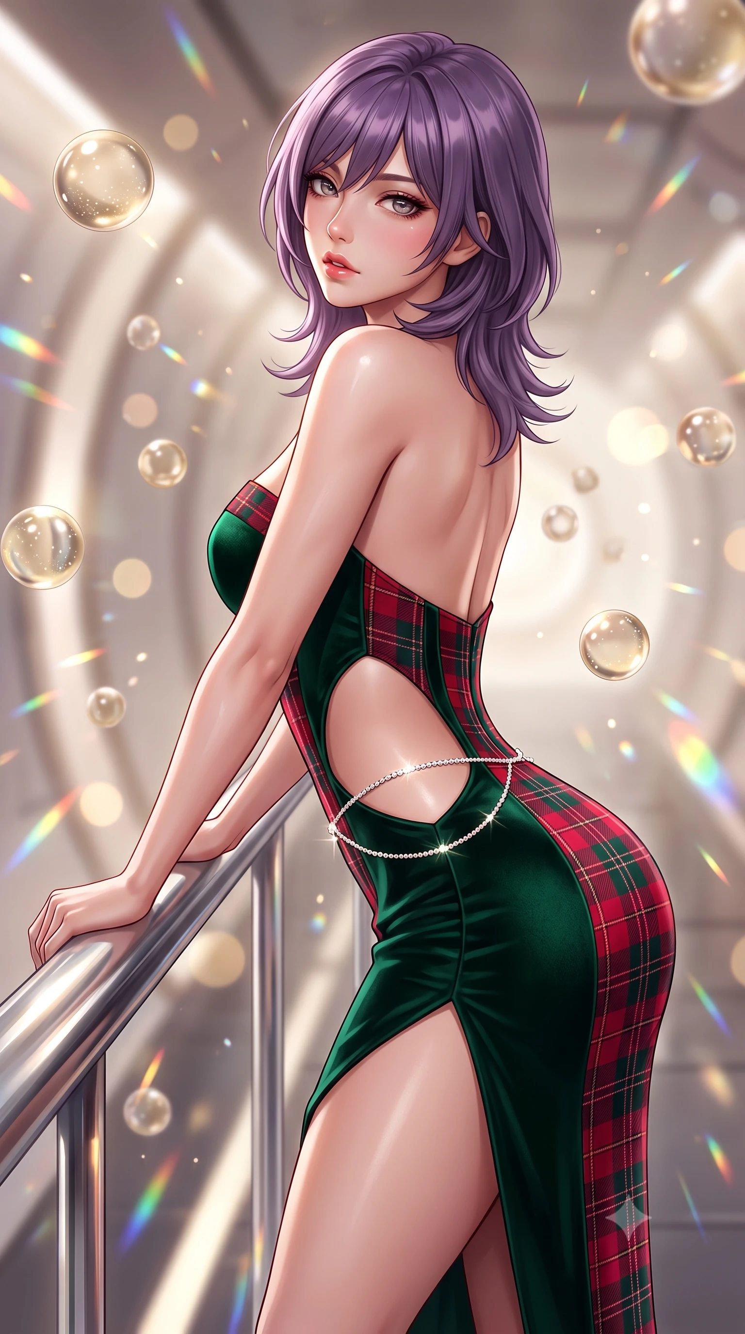 score_9, masterpiece, best quality, ultra-detailed, high-budget anime keyframe, semi-realistic 3D game render, editorial fashion photography, tasteful artistic composition, Japanese woman. close-up cowboy shot from the waist and thighs up, the character dominates the composition, filling the frame with her large presence. leaning forward against the polished railing with her hips cocked back, creating an intoxicating curve from her narrow waist to sculpted hips as she gazes back into the lens while pivoting gracefully along the illuminated orbital corridor, her liquid metallic garments clinging to her sculpted flat midriff and feminine hips. The composition keeps background elements in soft focus with creamy bokeh. floating zero-gravity champagne spheres and prism reflections scattering radiant celestial light motes. She has an exceptionally elegant, slender, and willowy female figure with an ultra-slim waist, flat toned midriff, narrow ribcage, and sculpted feminine hips creating an alluring, slim hourglass silhouette without bulk. sharp v-shaped jawline, high-bridge nose, intricate jewel-like eyes with depth, thick eyelashes, glossy parted lips with a natural sheen, intensely captivating and seductive bedroom-eyes expression, flawlessly proportioned anatomical accuracy, strict slender model proportions, natural body alignment, perfectly sculpted long slender limbs, ultra-slim waistline, clean dynamic posture without body distortion. wearing a tailored tartan-wool and crushed-velvet corseted gala gown with an architectural open-waist cutout and high-cut thigh slit in deep emerald green velvet and royal tartan crimson, tailored from water-resistant treated wool gabardine and flexible stretch silk, accented with a dainty diamond waist chain catching the ambient light reflections, the precision-cut side openings and low-back scoop framing her graceful spine and the sensual sweep of her slim, toned hips. illuminated by sleek metallic specular reflections sharply defining her bare collarbones, ultra-slim waist, and curvy hips. highly saturated vibrant anime colors, detailed shading with soft gradients, rich glossy textures, high-contrast stereoscopic depth, volumetric dynamic lighting, master piece, 9:16 ratio