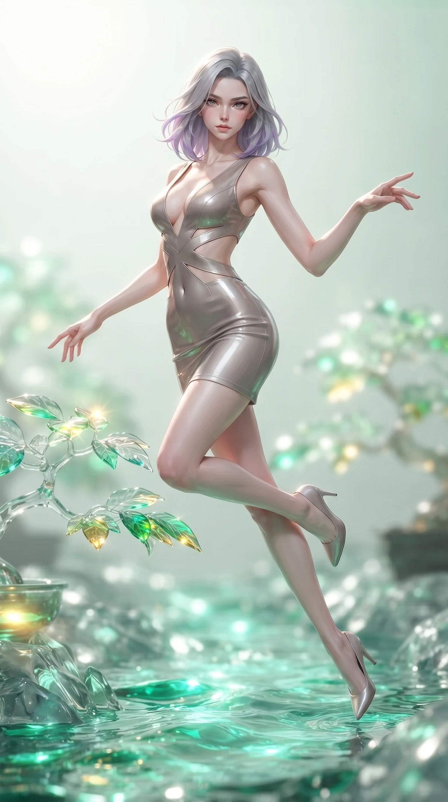 score_9, masterpiece, best quality, ultra-detailed, high-budget anime keyframe, editorial fashion photography, tasteful artistic composition, Caucasian woman. low angle full-body shot from head to toe showing her feet, filling the entire 9:16 vertical frame with her statuesque presence, stretching her vertical silhouette. pivoting dynamically in zero-gravity with fluid body alignment, displaying her perfect model proportions while leaping gracefully over a hydro-flow crystal stream flowing with emerald liquid light, translucent glass bonsai leaves reflecting vibrant emerald and gold sunbursts. She has an absolutely perfect, statuesque 8.5-heads proportion, an exceptionally tall and slender model-like female figure with impossibly long slender legs and an ultra-slim waist. sharp v-shaped jawline, high-bridge nose, intricate jewel-like eyes with depth, thick eyelashes, glossy lips with a natural sheen, flawlessly proportioned anatomical accuracy, natural body alignment, perfectly sculpted elegant limbs, clean dynamic posture without body distortion. wearing a liquid mercury gloss mini dress with ultra-deep V-neck and waist cutouts in muted taupe and soft ivory, crafted from smooth liquid silk, featuring subtle geometric cutouts that highlight her ultra-slim midriff, the tailored fabric tightly following every curve of her athletic build. surrounded by a bright, airy ambiance with radiant white and green highlights. ultra-reflective glossy finish, specular highlights, metallic sheen, high-contrast stereoscopic depth, volumetric dynamic lighting, 2k, ultra detail, master piece, 9:16 ratio