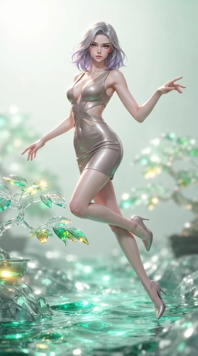 score_9, masterpiece, best quality, ultra-detailed, high-budget anime keyframe, editorial fashion photography, tasteful artistic composition, Caucasian woman. low angle full-body shot from head to toe showing her feet, filling the entire 9:16 vertica