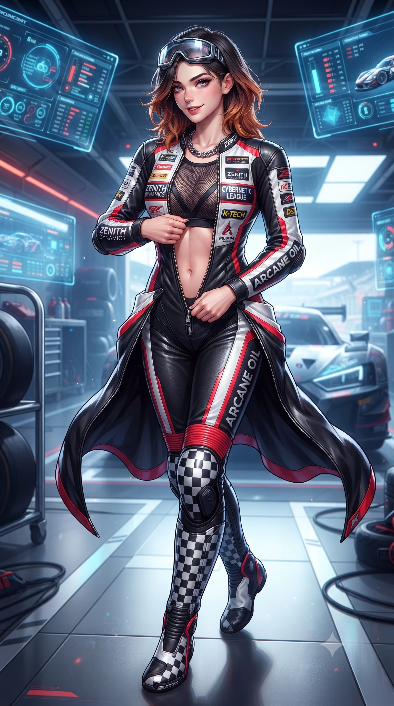 score_9, masterpiece, best quality, ultra-detailed, high-budget anime keyframe, editorial fashion photography, tasteful artistic composition, Korean woman. low angle full-body shot from head to toe showing her feet, filling the entire 9:16 vertical frame with her statuesque presence, stretching her vertical silhouette. executing an elegant mid-motion turn as garments swirl around her slender limbs, glancing over her shoulder with smoldering allure while unzipping her leather racing suit with a slow, teasing smile, eyes locked with daring magnetism on the viewer. The surrounding environment is rendered in vivid detail and crisp panoramic clarity. detailed leather racing suit sponsor patches, zipper teeth, and glowing telemetry HUD screens in high resolution. She has an absolutely perfect, statuesque 8.5-heads proportion, an exceptionally tall and slender model-like female figure with impossibly long slender legs, a toned flat midriff, and an ultra-slim waist. sharp v-shaped jawline, high-bridge nose, intricate jewel-like eyes with depth, thick eyelashes, glossy parted lips with a natural sheen, intensely captivating and seductive expression, flawlessly proportioned anatomical accuracy, strict slender model proportions, natural body alignment, perfectly sculpted long slender limbs, ultra-slim waistline, clean dynamic posture without body distortion. wearing a second-skin motocore bodysuit with bold racing stripes and ergonomic aerodynamic knee-high boots in monochrome checkerboard black and white with red accents, made of breathable technical athletic mesh and liquid-finish track nylon, accessorized with a chunky chrome chain necklace and cyber-visor goggles on her brow, the athletic second-skin cut highlighting her toned flat midriff and slender model proportions during dynamic action. surrounded by a fierce, electrifying, and irresistibly intoxicating motorsport queen aura. ultra-reflective glossy finish, specular highlights, rich textural contrasts, high-contrast stereoscopic depth, volumetric dynamic lighting, 2k, ultra detail, master piece, 9:16 ratio