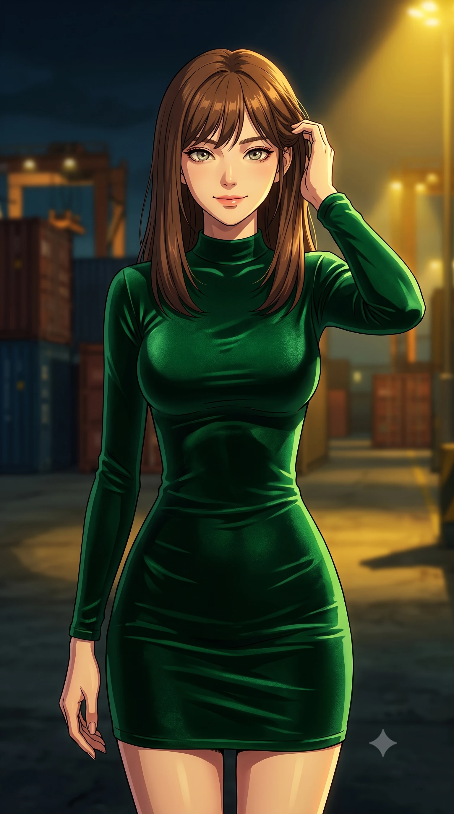 score_9, masterpiece, best quality, ultra-detailed, high-budget anime keyframe, tasteful artistic composition, Korean woman. close-up cowboy shot from the waist and thighs up, the character dominates the composition, filling the frame with her large presence, background elements kept in soft focus. smiling with quiet, magnetic self-assurance directly into the camera, running a hand through her hair the background shows a soft-focus a dark industrial docks area with shipping containers and automated cargo cranes. She has an exceptionally elegant, slender, and willowy female figure with an ultra-slim waist, a gracefully sculpted slender torso, and a refined silhouette. sharp v-shaped jawline, high-bridge nose, intricate jewel-like eyes with depth, thick eyelashes, glossy lips with a natural sheen. wearing a slim-fit body-hugging emerald green velvet dress with a simple mock-neck collar. harsh sodium yellow spotlights casting long dramatic industrial shadows. highly saturated vibrant anime colors, cel-shading, 2d style, master piece, 9:16 ratio