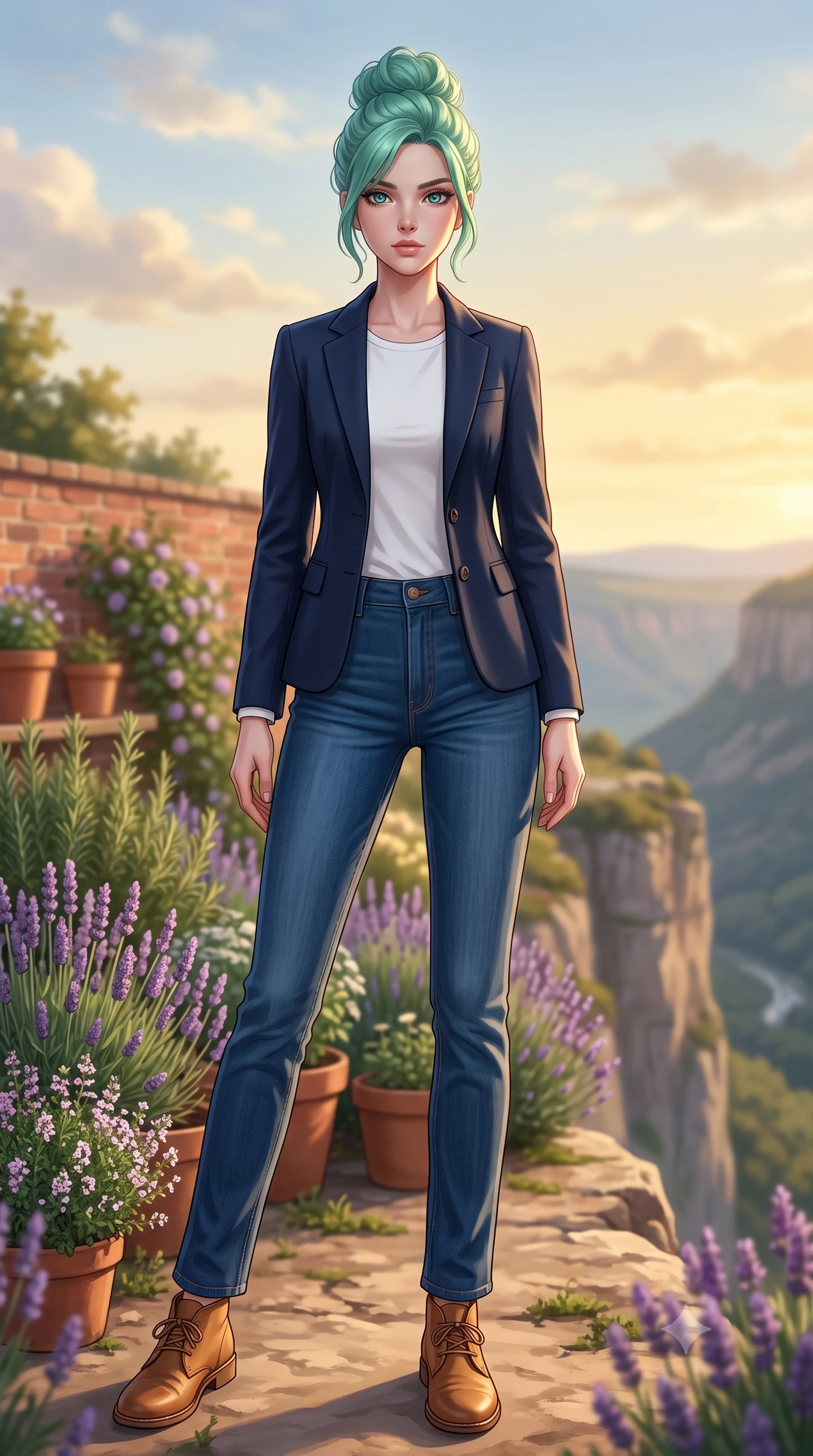 score_9, masterpiece, best quality, ultra-detailed, high-budget anime keyframe, editorial fashion photography, tasteful artistic composition, Japanese woman woman. low angle full-body shot from head to toe showing her feet, filling the entire 9:16 vertical frame with her statuesque presence, stretching her vertical silhouette. standing proud on a scenic cliff overlooking the valley, her silhouette framed by the golden sky the background shows a soft-focus a small brick-walled garden filled with rosemary, thyme, and lavender. She has an absolutely perfect, statuesque 8.5-heads proportion, an exceptionally tall and slender model-like female figure with impossibly long slender legs and an ultra-slim waist. sharp v-shaped jawline, high-bridge nose, intricate jewel-like eyes with depth, thick eyelashes, glossy lips with a natural sheen. wearing a slim-fit classic navy blue blazer over a white crewneck shirt and straight-leg blue jeans. warm late afternoon sun casting long, gentle shadows. 2k, ultra detail, master piece, 9:16 ratio
