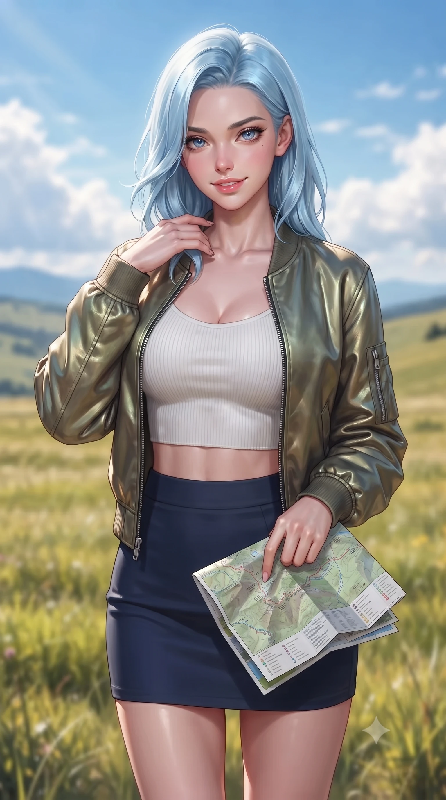 score_9, masterpiece, best quality, ultra-detailed, high-budget anime keyframe, editorial fashion photography, tasteful artistic composition, Korean woman. close-up cowboy shot from the waist and thighs up, the character dominates the composition, filling the frame with her large presence, background elements kept in soft focus. gently tracing her finger along her collarbone with a captivating, confident smile set against a soft-focus background of on a wide grassy meadow high up on a mountain plateau under a blue sky holding a map of the mountain trails, looking at the camera. She has an exceptionally elegant, slender, and willowy female figure with an ultra-slim waist, a gracefully sculpted slender torso, and a refined silhouette. sharp v-shaped jawline, high-bridge nose, intricate jewel-like eyes with depth, thick eyelashes, glossy lips with a natural sheen. wearing tailored modern crop top shirt paired with a mini skirt and an unzipped light bomber jacket. soft afternoon sunbeams filtering through passing white mountain clouds. ultra-reflective glossy finish, specular highlights, metallic sheen, high-contrast stereoscopic depth, volumetric dynamic lighting, 2k, ultra detail, master piece, 9:16 ratio