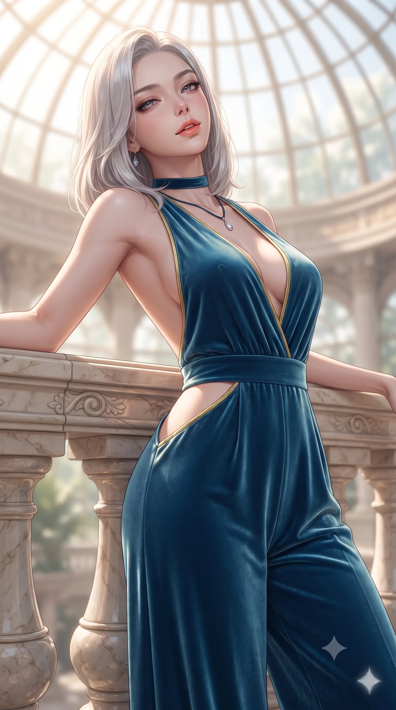 score_9, masterpiece, best quality, ultra-detailed, high-budget anime keyframe, editorial fashion photography, tasteful artistic composition, Korean woman. close-up cowboy shot from the waist and thighs up, the character dominates the composition, filling the frame with her large presence. leaning back against the balustrade with relaxed seductive grace, head tilted back slightly while casting a hypnotic, heavy-lidded gaze while twisting her slender torso in an alluring S-curve, soft conservatory downlights and harbor reflections tracing her flat midriff and hips. The background shows a soft-focus glass conservatory dome softened in grand Mediterranean neoclassical shallow focus. She has an exceptionally elegant, slender, and willowy female figure with an ultra-slim waist, flat toned midriff, narrow ribcage, and sculpted feminine hips creating an alluring, slim hourglass silhouette without bulk. sharp v-shaped jawline, high-bridge nose, sparkling eyes with hypnotic seductive depth, thick curled eyelashes, glossy parted lips with a natural dewy peach sheen, alluring bedroom-eyes with an enchanting coquettish smile, exuding magnetic siren charisma and sophisticated glamour, flawlessly proportioned anatomical accuracy, strict slender model proportions, natural body alignment, perfectly sculpted long slender limbs, ultra-slim waistline, clean dynamic posture without body distortion. wearing a backless plunge-front silk satin jumpsuit with fluid wide-leg silhouette and side hip cutouts in Amalfi azure blue and sunlit lemon gold, tailored from ultra-plush velvet with rich tactile depth and deep shadow gradients, finished with a thin velvet ribbon choker and a single teardrop diamond pendant, the high-slit wrap tailoring accentuating her ultra-slim waistline and the enchanting curve of her feminine hips with alluring seductive charm. illuminated by polished marble floor specular bounce and sharp platinum rim lights sculpting her razor-sharp jawline, narrow waist, and curvy hips. ultra-reflective glossy finish, specular highlights, rich textural contrasts, high-contrast stereoscopic depth, volumetric dynamic lighting, 2k, ultra detail, master piece, 9:16 ratio