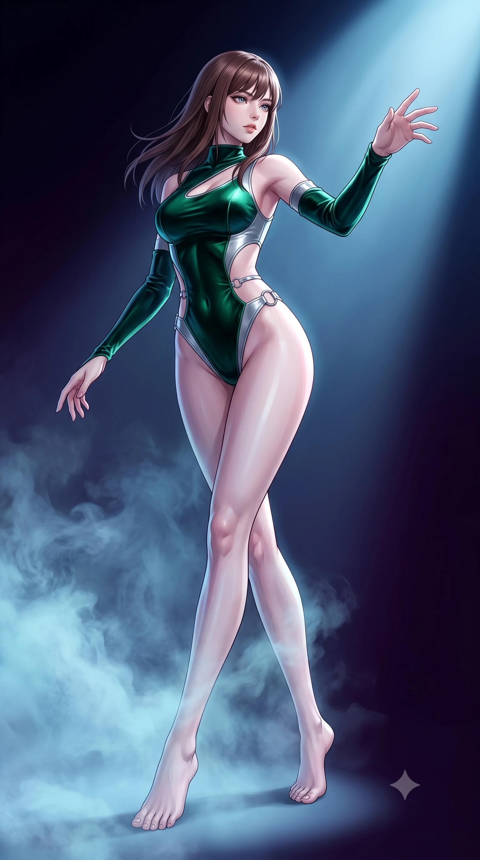 score_9, masterpiece, best quality, ultra-detailed, high-budget anime keyframe, editorial fashion photography, tasteful artistic composition, Korean woman. low angle full-body shot from head to toe showing her feet, filling the entire 9:16 vertical frame with her statuesque presence, stretching her vertical silhouette. pivoting dynamically in zero-gravity with fluid body alignment, displaying her perfect model proportions while reaching her hand forward toward a solitary spotlight isolating her statuesque posture, sub-zero mist swirling gently around her long slender legs and athletic build. She has an absolutely perfect, statuesque 8.5-heads proportion, an exceptionally tall and slender model-like female figure with impossibly long slender legs and an ultra-slim waist. sharp v-shaped jawline, high-bridge nose, intricate jewel-like eyes with depth, thick eyelashes, glossy lips with a natural sheen, flawlessly proportioned anatomical accuracy, natural body alignment, perfectly sculpted elegant limbs, clean dynamic posture without body distortion. wearing an asymmetrical high-cut tech-bodysuit with detached sleeves in deep emerald green and silver accent, made of premium stretch velvet with a rich sheen, accented with delicate chrome ring hardware framing her waist, the glove-like fit emphasizing her statuesque silhouette during motion. surrounded by a high-contrast icy luminescence and deep velvet shadows. highly saturated vibrant anime colors, detailed shading with soft gradients, rich glossy textures, high-contrast stereoscopic depth, volumetric dynamic lighting, master piece, 9:16 ratio