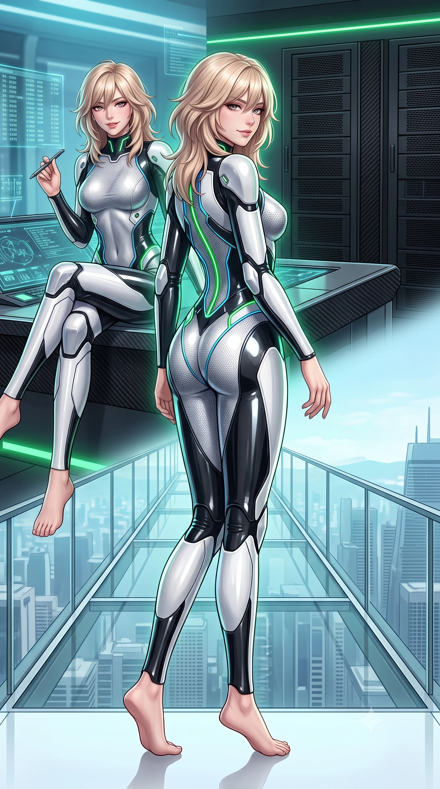 score_9, masterpiece, best quality, ultra-detailed, high-budget anime keyframe, semi-realistic 3D game render, editorial fashion photography, tasteful artistic composition, Japanese woman. low angle full-body shot from head to toe showing her feet, filling the entire 9:16 vertical frame with her statuesque presence, stretching her vertical silhouette. walking slowly along the transparent glass skybridge, looking back over her shoulder with an air of effortless grace and an alluring, smoldering smile while sitting perched on the edge of the master terminal desk with legs crossed, holding a data stylus while flashing a dangerous, confident smile. The surrounding environment is rendered in vivid detail and crisp panoramic clarity: sharp holographic interface glyphs, matte black server rack vents, and carbon fiber console framing in deep focus. She has an absolutely perfect, statuesque 8.5-heads proportion, an exceptionally tall and slender model-like female figure with impossibly long slender legs, an ultra-slim waist, a flat toned midriff, narrow delicate ribcage, and beautifully sculpted feminine hips creating a graceful, slim hourglass silhouette without any bulky heaviness. sharp v-shaped jawline, high-bridge nose, intricate jewel-like sparkling eyes with depth, thick eyelashes, glossy parted lips with a natural sheen, bright confident smile with an enchanting and coquettish sensual glint, exuding both youthful magnetic charm and sovereign high-tech allure, flawlessly proportioned anatomical accuracy, strict slender model proportions, natural body alignment, perfectly sculpted long slender limbs, ultra-slim waistline, clean dynamic posture without body distortion. wearing a form-contouring delicate silver nano-mesh bodysuit with strategically placed chrome armor plate guards covering key curves in dual-tone high-contrast monochrome black and stark white, tailored from ultra-reflective glossy liquid vinyl with mirror-like specular highlights, accented with glowing neon fiber-optic piping tracing her spine and hip lines, the form-fitting tactical tailoring adhering flawlessly to her sculpted flat midriff and slender torso, emphasizing her long leg lines and perfectly proportioned willowy build. illuminated by glowing console underlights and crisp emerald rim lighting sharply carving her razor-sharp jawline, narrow waist, and curvy hips. highly saturated vibrant anime colors, detailed shading with soft gradients, rich glossy textures, high-contrast stereoscopic depth, volumetric dynamic lighting, master piece, 9:16 ratio