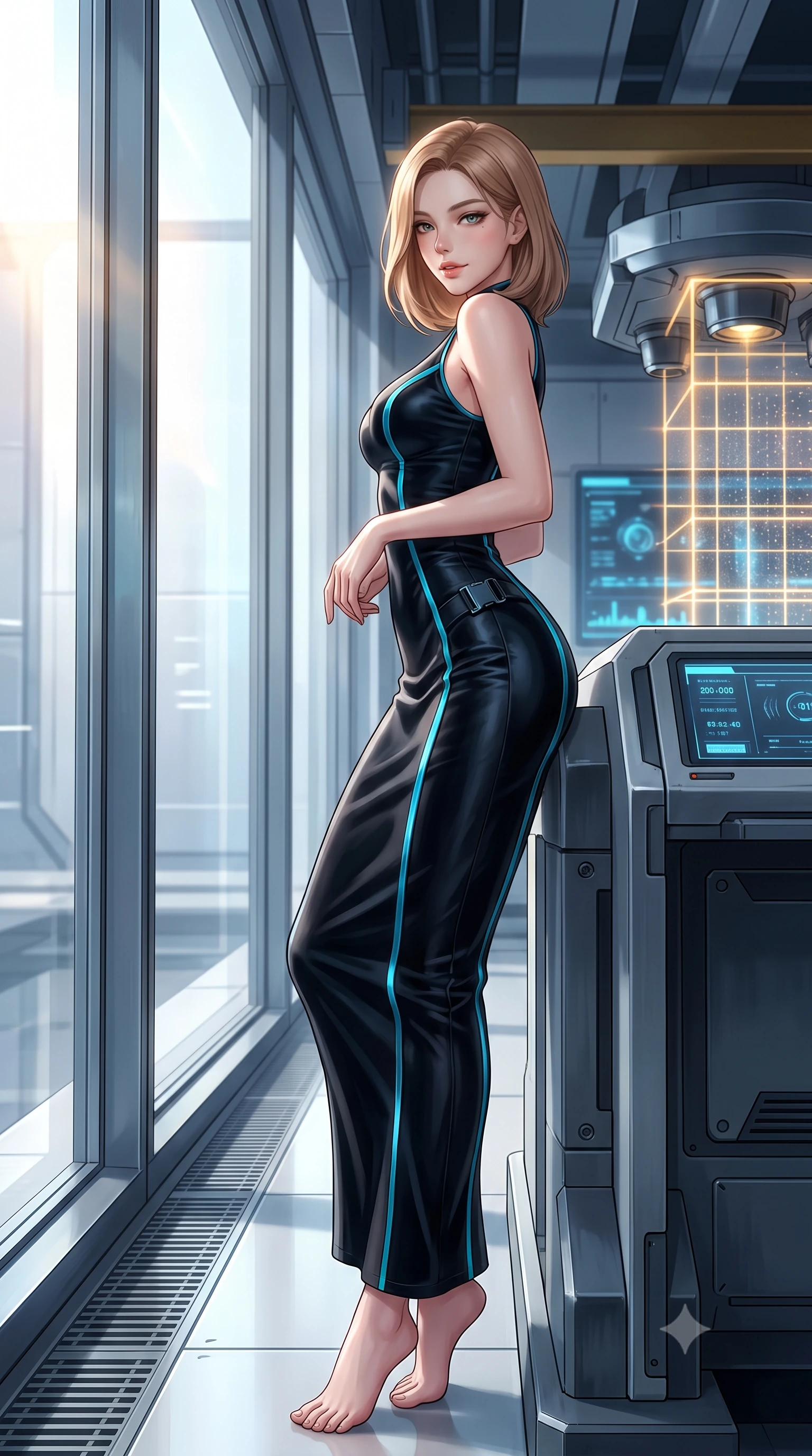 score_9, masterpiece, best quality, ultra-detailed, high-budget anime keyframe, semi-realistic 3D game render, editorial fashion photography, tasteful artistic composition, Korean woman. low angle full-body shot from head to toe showing her feet, filling the entire 9:16 vertical frame with her statuesque presence, stretching her vertical silhouette. posing in a classic haute-couture S-curve stance beside the floor-to-ceiling window, looking over a bare shoulder with magnetic presence while leaning against the magnetic stabilizer console with hips cocked back, looking through the shimmering laser containment grid with intoxicated smoldering bedroom-eyes. The surrounding environment is rendered in vivid detail and crisp panoramic clarity: sharp superconducting magnet housing seams, laser projector lenses, and digital containment telemetry readouts in deep focus. She has an exceptionally tall and slender model-like 8.5-heads proportion, an ultra-slim waist, a flat toned midriff, narrow delicate ribcage, and beautifully sculpted feminine hips creating a graceful, slim hourglass silhouette without any bulky heaviness, with impossibly long slender legs. sharp v-shaped jawline, high-bridge nose, intricate jewel-like sparkling eyes with depth, thick eyelashes, glossy parted lips with a natural peach sheen, bright cheerful beaming smile with an enchanting and coquettish sensual glint, exuding both youthful cute charm and seductive allure, flawlessly proportioned anatomical accuracy, strict slender model proportions, natural body alignment, perfectly sculpted long slender limbs, ultra-slim waistline, clean dynamic posture without body distortion. wearing a tailored liquid velvet combat sheath dress with subtle metallic piping following her feminine curves without bulk in tactical obsidian black and high-voltage cyan, woven from buttery-soft stretch lambskin leather adhering to her body like a second skin, finished with sleek magnetic buckle closures fluttering in the breeze, the glove-like clinging cut tightly following the natural contour of her hips and long slender legs with youthful 8.5-heads elegance. illuminated by gantry reflection bounce and sharp sunburst-gold rim lights defining her jawline, narrow waist, and curvy hips. highly saturated vibrant anime colors, detailed shading with soft gradients, rich glossy textures, high-contrast stereoscopic depth, volumetric dynamic lighting, master piece, 9:16 ratio