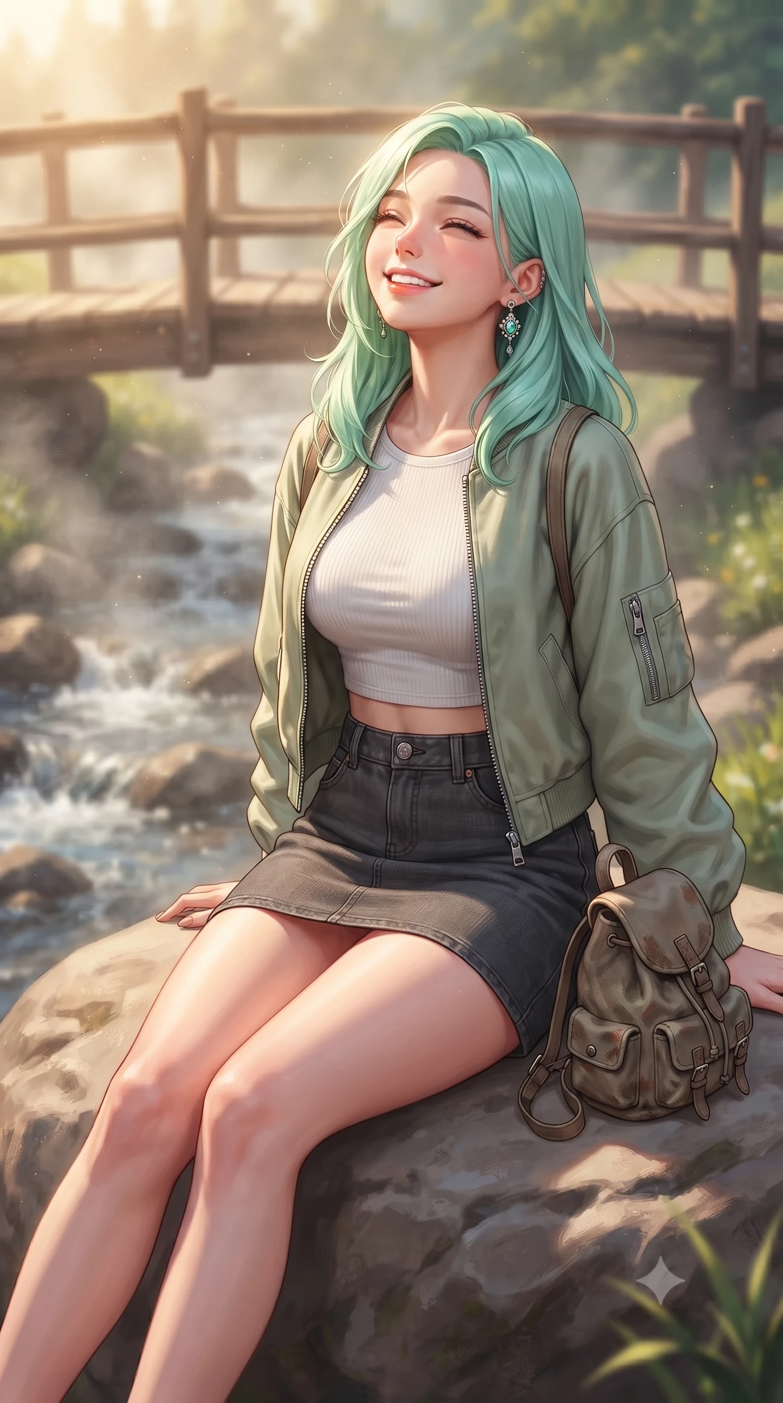 score_9, masterpiece, best quality, ultra-detailed, high-budget anime keyframe, editorial fashion photography, tasteful artistic composition, Japanese woman. close-up cowboy shot from the waist and thighs up, the character dominates the composition, filling the frame with her large presence, background elements kept in soft focus. smiling happily with closed eyes, enjoying the warm sunbeams on her face set against a soft-focus background of on a rustic wooden bridge crossing a shallow, bubbling valley stream sitting on a clean rock with a small canvas backpack nearby. She has an exceptionally elegant, slender, and willowy female figure with an ultra-slim waist, a gracefully sculpted slender torso, and a refined silhouette. sharp v-shaped jawline, high-bridge nose, intricate jewel-like eyes with depth, thick eyelashes, glossy lips with a natural sheen. wearing slim-fit modern crop top shirt paired with a mini skirt and an unzipped light bomber jacket. soft morning mist rising from the stream, diffusing the warm starlight. highly saturated vibrant anime colors, detailed shading with soft gradients, rich glossy textures, high-contrast stereoscopic depth, volumetric dynamic lighting, master piece, 9:16 ratio