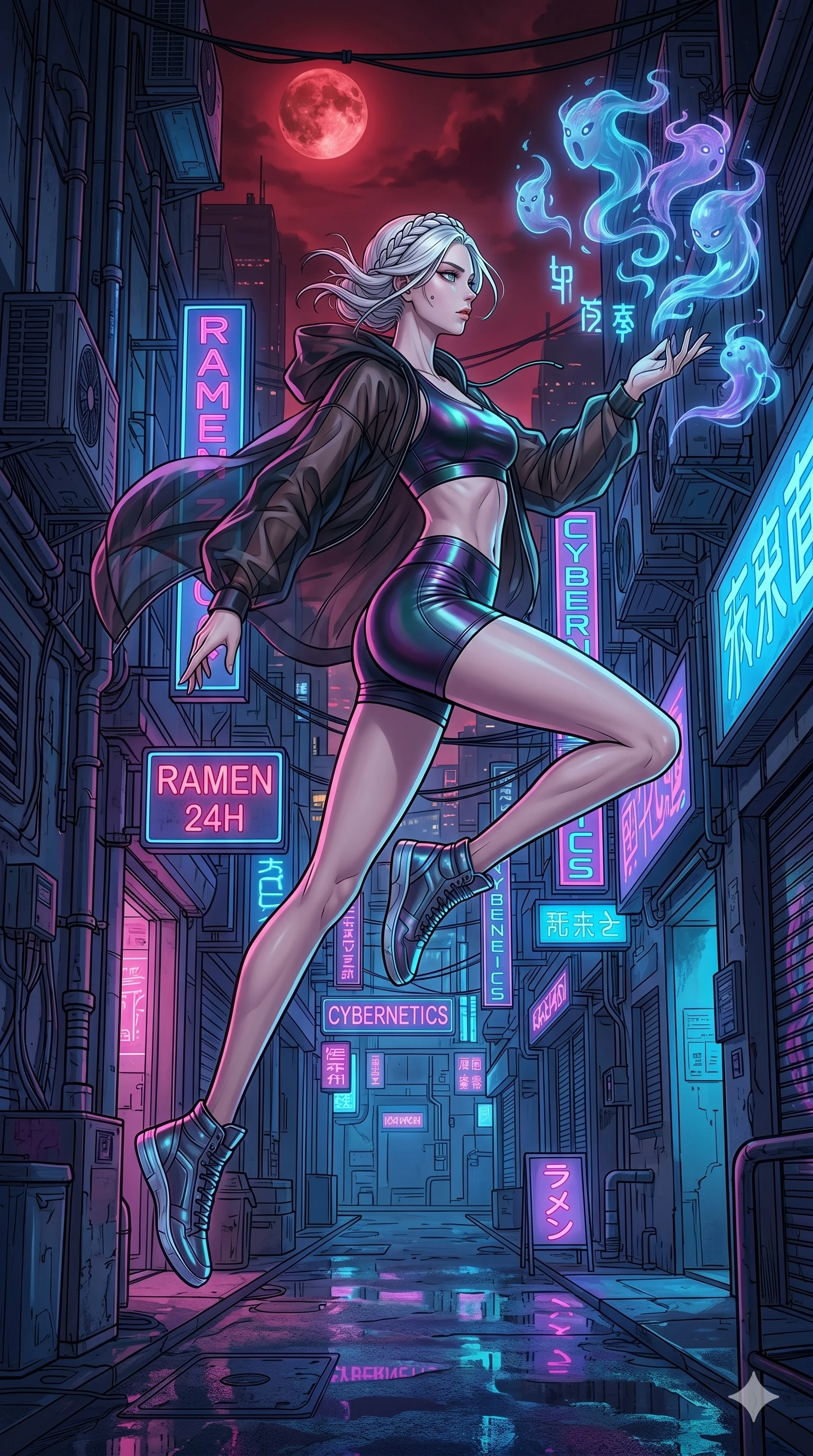 score_9, masterpiece, best quality, ultra-detailed, high-budget anime movie keyframe, cinematic anime lighting, intricate line art, Japanese anime girl. Dynamic full-body shot stretching the vertical silhouette across the 9:16 frame. summoning mystical spirits in a neon-lit cyberpunk alleyway under a blood moon. She has an absolutely perfect 8-heads proportion, an exceptionally tall and slender female figure with an ultra-slim waist and impossibly long slender legs. sharp v-shaped jawline, high-bridge nose, intricate jewel-like eyes, thick eyelashes, glossy lips. Wearing premium athleisure set with a metallic-finish compression top, high-cut yoga shorts that accentuate her long legs, and a sheer oversized hoodie. The scene is illuminated by dramatic atmospheric lighting and vibrant color palettes. 2k, ultra detail, master piece, 9:16 ratio
