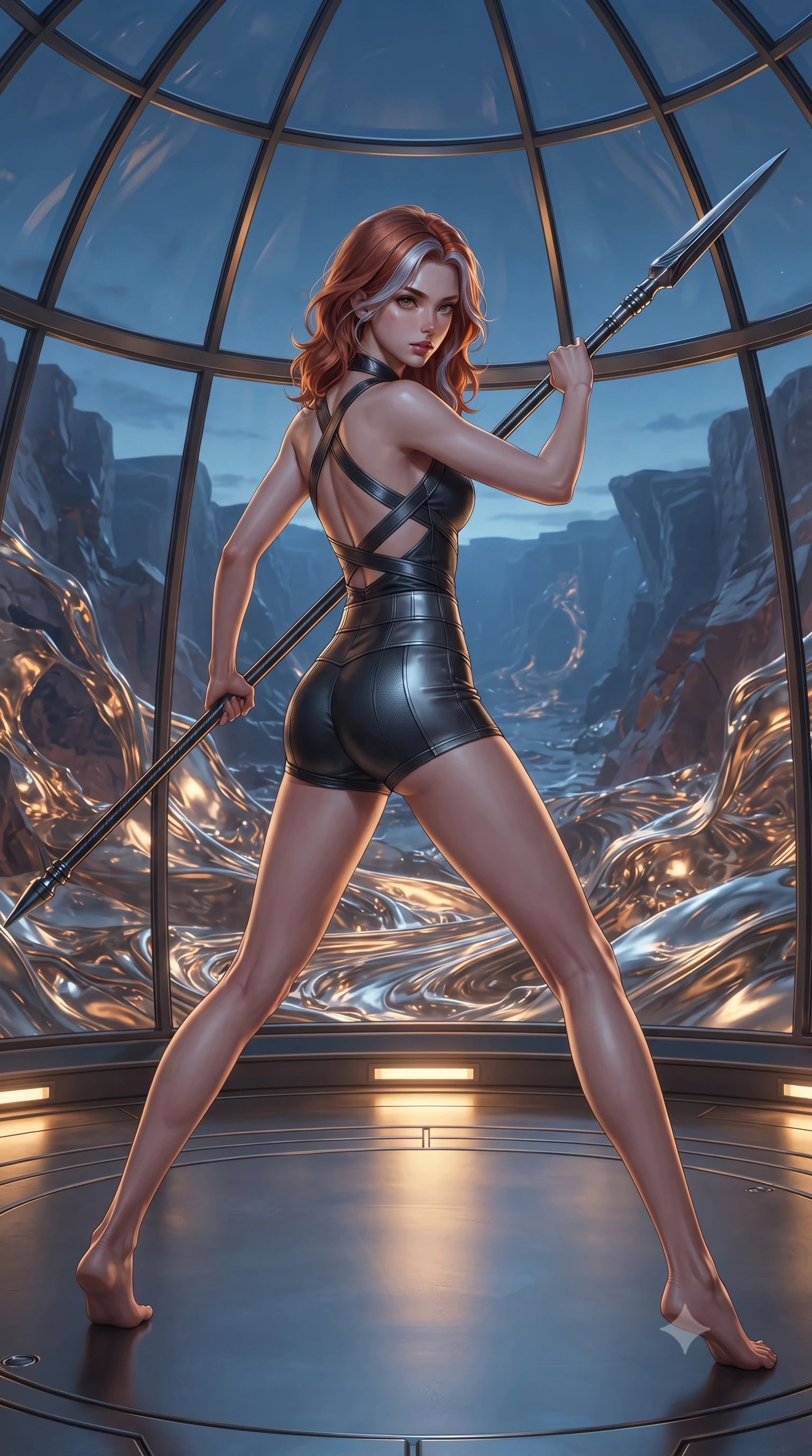 score_9, masterpiece, best quality, ultra-detailed, high-budget anime keyframe, editorial fashion photography, tasteful artistic composition, Caucasian woman. low angle full-body shot from head to toe showing her feet, filling the entire 9:16 vertical frame with her statuesque presence, stretching her vertical silhouette. standing in a dynamic combat stance with a carbon-fiber spear held diagonally, stretching her statuesque body, the background shows a soft-focus an undersea dome veranda overlooking a canyon of liquid metal in twilight. She has an absolutely perfect, statuesque 8.5-heads proportion, an exceptionally tall and slender model-like female figure with impossibly long slender legs and an ultra-slim waist. sharp v-shaped jawline, high-bridge nose, intricate jewel-like eyes with depth, thick eyelashes, glossy lips with a natural sheen. wearing a tailored backless halter-neck combat top with criss-cross strapping, paired with carbon-alloy micro-shorts. cool blue twilight sky contrasting with warm interior light from the dome. ultra-reflective glossy finish, specular highlights, metallic sheen, high-contrast stereoscopic depth, volumetric dynamic lighting, 2k, ultra detail, master piece, 9:16 ratio