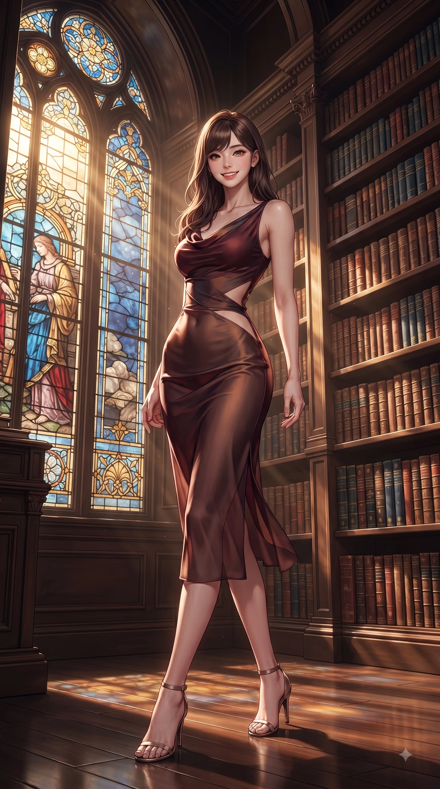 score_9, masterpiece, best quality, ultra-detailed, high-budget anime keyframe, editorial fashion photography, tasteful artistic composition, Korean woman. low angle full-body shot from head to toe showing her feet, filling the entire 9:16 vertical frame with her statuesque presence, stretching her vertical silhouette. forging dynamically through the scene with a fresh infectious smile, her ultra-slim waist creating a sweeping curve while pivoting dynamically beside a towering arched stained glass window in a grand book hall, thousands of classic leather-bound volumes stacked along majestic wooden bookcases. She has an absolutely perfect, statuesque 8.5-heads proportion, an exceptionally tall and slender model-like female figure with impossibly long slender legs and an ultra-slim waist. sharp v-shaped jawline, high-bridge nose, intricate jewel-like eyes with depth, thick eyelashes, glossy lips with a natural sheen, flawlessly proportioned anatomical accuracy, natural body alignment, perfectly sculpted elegant limbs, clean dynamic posture without body distortion. wearing an elegant cowl-neck satin midi dress with a graceful draped neckline in deep burgundy and bronze, woven from fine semi-opaque sheer organza, featuring subtle geometric cutouts that highlight her ultra-slim midriff, the tailored fabric tightly following every curve of her athletic build. bathed in warm golden dusty sunbeams and clear ambient library illumination. ultra-reflective glossy finish, specular highlights, metallic sheen, high-contrast stereoscopic depth, volumetric dynamic lighting, 2k, ultra detail, master piece, 9:16 ratio
