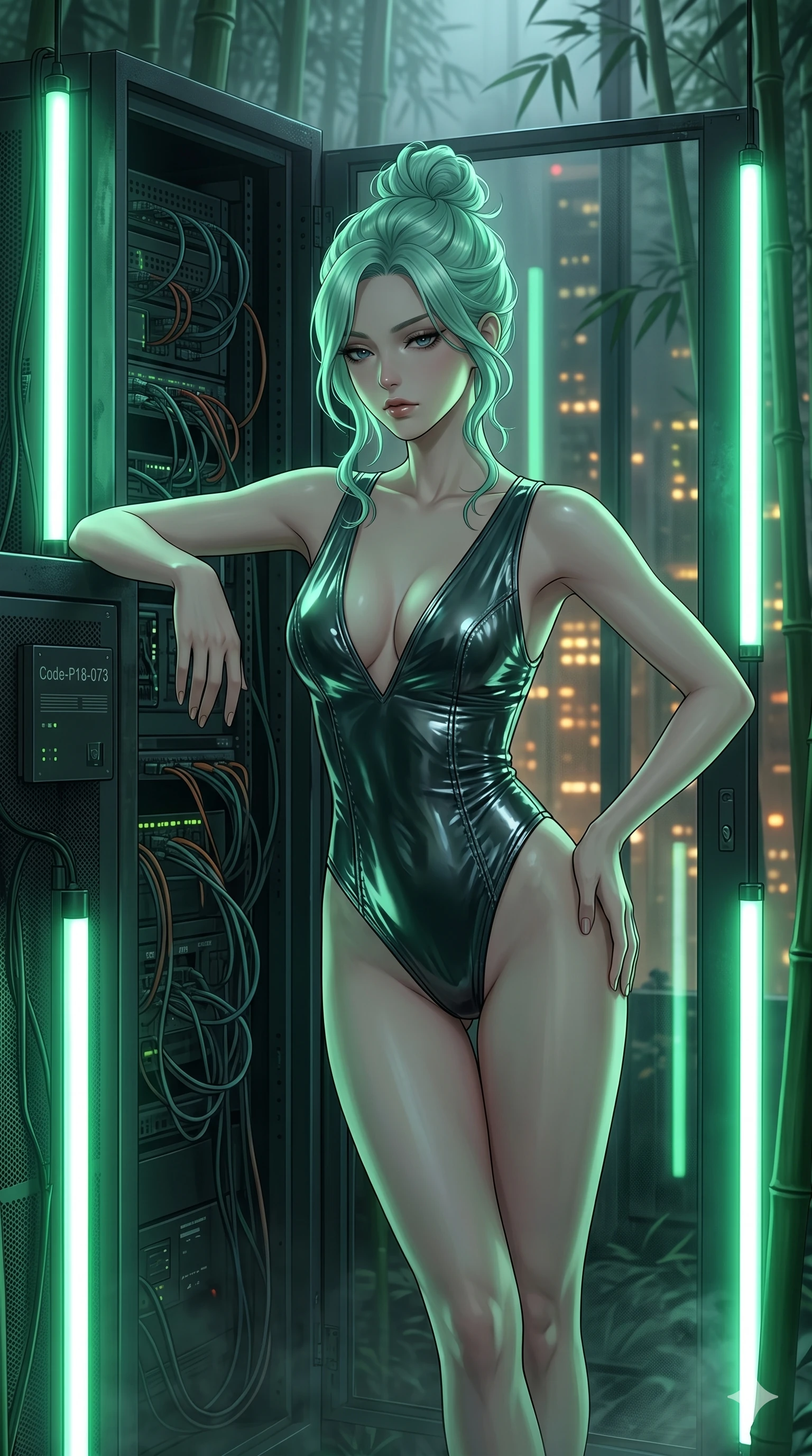 score_9, masterpiece, best quality, ultra-detailed, high-budget anime keyframe, editorial fashion photography, tasteful artistic composition, Japanese woman. cowboy shot from the thighs up, character and outfit filling the frame for maximum editorial presence. leaning against a metal server rack, casting a cool, superior gaze beneath her lashes inside a quiet bamboo grove illuminated by glowing green vertical light rods (Code-P18-073). She has an absolutely perfect 8-heads proportion, an exceptionally tall and slender female figure with impossibly long slender legs and an ultra-slim waist. V-shaped jawline, high-bridge nose, intricate jewel-like eyes with depth, thick eyelashes, glossy lips with a natural sheen. wearing a wet-look vinyl bodysuit with an elegant plunging neckline and high-cut lines. warm glowing city lights filtering through the glass, outlining her V-shaped jawline. 2k, ultra detail, master piece, 9:16 ratio