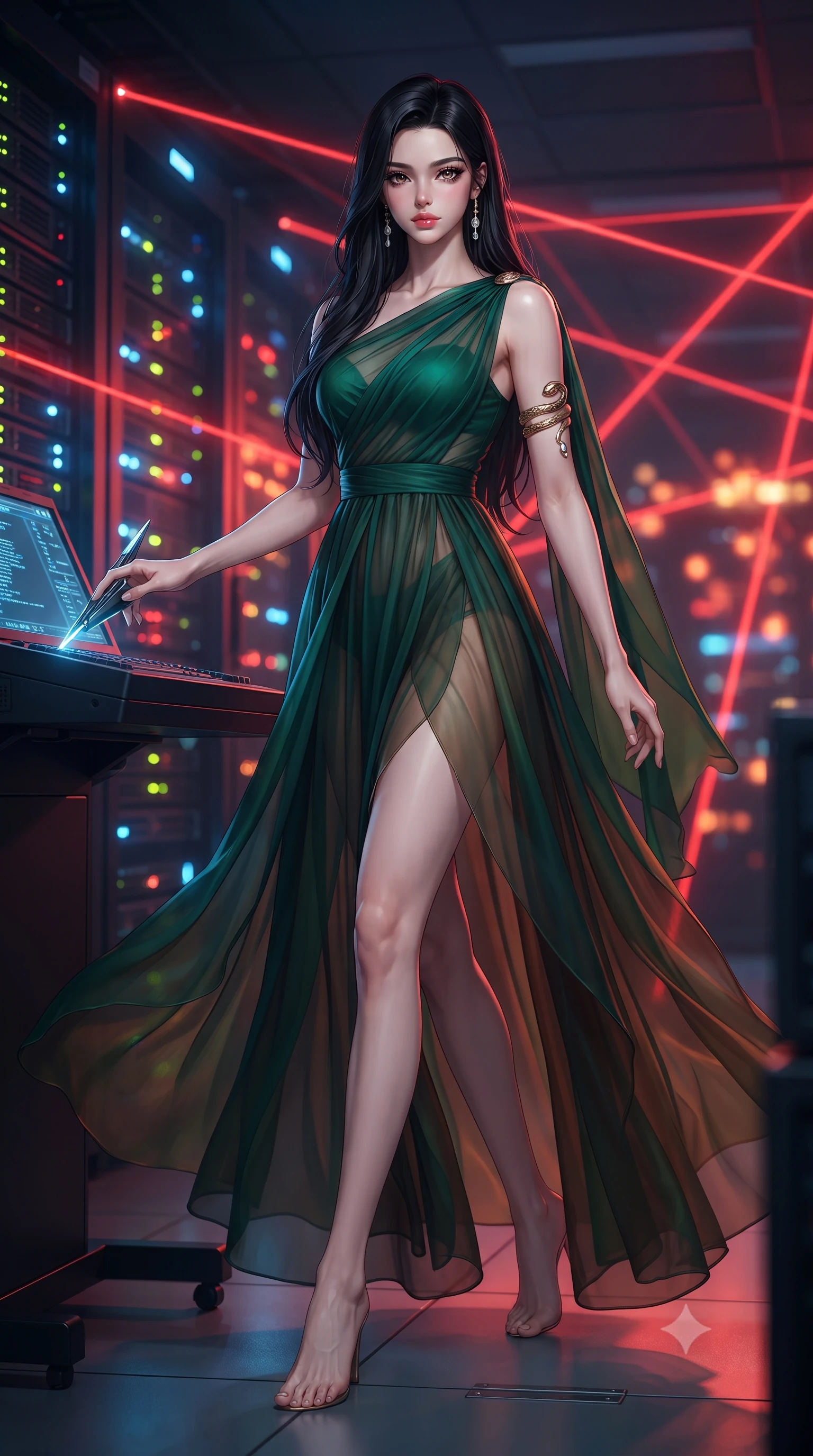 score_9, masterpiece, best quality, ultra-detailed, high-budget anime keyframe, editorial fashion photography, tasteful artistic composition, Korean woman. low angle full-body shot from head to toe showing her feet, filling the entire 9:16 vertical frame with her statuesque presence, stretching her vertical silhouette. stepping forward gracefully in mid-motion, displaying her toned flat midriff and flawlessly sculpted slender limbs while holding a high-tech data-extraction spike near a master console terminal with supreme operative confidence. The composition keeps background elements in soft focus with creamy bokeh. endless glowing server rack indicator LEDs and intersecting red laser lines blurred into fiery crimson, amber, and obsidian bokeh. She has an absolutely perfect, statuesque 8.5-heads proportion, an exceptionally tall and slender model-like female figure with impossibly long slender legs, a toned flat midriff, and an ultra-slim waist. sharp v-shaped jawline, high-bridge nose, intricate jewel-like eyes with depth, thick eyelashes, glossy lips with a natural sheen, captivating and magnetic expression, flawlessly proportioned anatomical accuracy, strict slender model proportions, natural body alignment, perfectly sculpted long slender limbs, ultra-slim waistline, clean dynamic posture without body distortion. wearing an ethereal emerald-green silk chiffon gown with an asymmetric shoulder drape and sheer layered skirt in deep emerald green and bronze, woven from airy multi-layered silk chiffon with a weightless drape, accented with a sculptured gold serpent armlet and pearl drops edition #29, the sleek tailored cut tightly hugging her graceful clavicle, narrow waist, and feminine curves with statuesque precision. bathed in dramatic intersecting red laser beam illumination and cool blue server indicator glow. ultra-reflective glossy finish, specular highlights, rich textural contrasts, high-contrast stereoscopic depth, volumetric dynamic lighting, 2k, ultra detail, master piece, 9:16 ratio