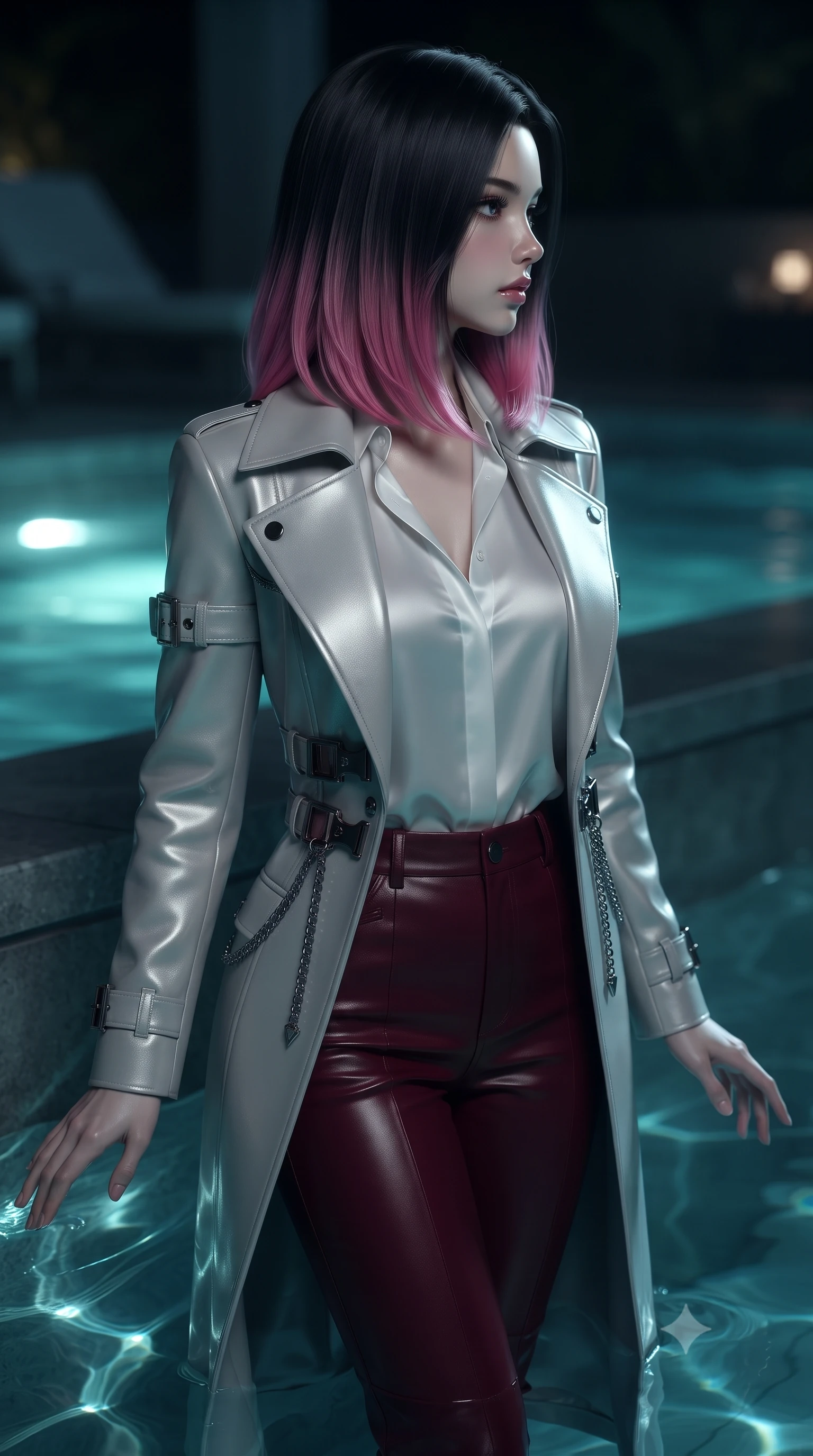 score_9, masterpiece, best quality, ultra-detailed, high-budget anime keyframe, editorial fashion photography, tasteful artistic composition, Korean woman. close-up cowboy shot from the waist and thighs up, the character dominates the composition, filling the frame with her large presence, background elements kept in soft focus. Turning her face in sharp dramatic profile against the key light, resting against the submerged pool ledge as gentle water ripples catch starlight, translucent water ripples mirroring her tall statuesque 8.5-heads proportion. She has an exceptionally elegant, slender, and willowy female figure with an ultra-slim waist, a gracefully sculpted slender torso, and a refined silhouette. sharp v-shaped jawline, high-bridge nose, intricate jewel-like eyes with depth, thick eyelashes, glossy lips with a natural sheen. wearing structured platinum leather long coat over white silk blouse and tailored slacks in deep crimson burgundy, made of polished black leather, framed by dark titanium buckles and silver chain details, sculpting her athletic slender build with refined precision. surrounded by a moody nocturnal ambiance with glowing aqua water highlights. ultra-reflective glossy finish, specular highlights, metallic sheen, high-contrast stereoscopic depth, volumetric dynamic lighting, 2k, ultra detail, master piece, 9:16 ratio
