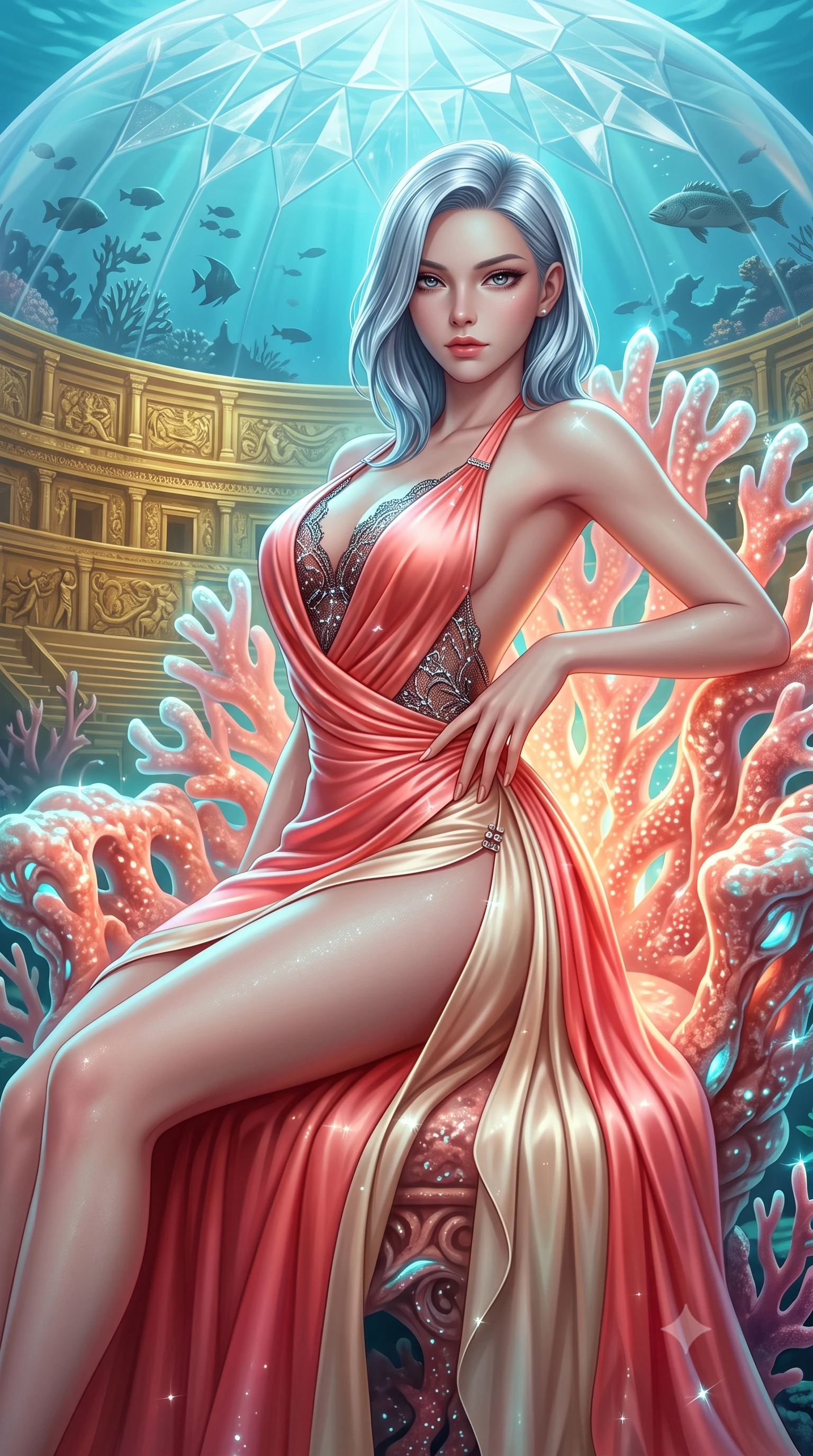 score_9, masterpiece, best quality, ultra-detailed, high-budget anime keyframe, semi-realistic 3D game render, editorial fashion photography, tasteful artistic composition, Korean woman. close-up cowboy shot from the waist and thighs up, the character dominates the composition, filling the frame with her large presence. twisting her upper body in a dynamic S-curve with an alluring smolder, one hand trailing along her slender waist while reclining gracefully on a glowing coral throne inside an ancient sunken golden amphitheatre beneath an air-bubble dome. The surrounding environment is rendered in vivid detail and crisp panoramic clarity. crisp submerged architectural carvings, swimming sea-life silhouettes, and crystal dome facets in high clarity. She has an exceptionally elegant, slender, and willowy female figure with an ultra-slim waist, a gracefully sculpted slender torso, toned flat midriff, and a refined slim silhouette. sharp v-shaped jawline, high-bridge nose, intricate jewel-like eyes with depth, thick eyelashes, glossy lips with a natural sheen, flawlessly proportioned anatomical accuracy, strict slender model proportions, natural body alignment, perfectly sculpted long slender limbs, ultra-slim waistline, clean dynamic posture without body distortion. wearing a form-contouring liquid satin halter-neck mini dress with a deep crossover cowl front, open back, and ultra-slender waist drape in radiant coral pink and champagne ivory, crafted from delicate dark lace interwoven with luminescent micro-fibers, finished with an ultra-high side slit secured by miniature magnetic clasps, the sleek second-skin cut tightly hugging her graceful clavicle, narrow waist, and feminine curves with athletic precision. illuminated by soft turquoise ambient fill and sparkling specular highlights tracing her slender curves. highly saturated vibrant anime colors, detailed shading with soft gradients, rich glossy textures, high-contrast stereoscopic depth, volumetric dynamic lighting, master piece, 9:16 ratio