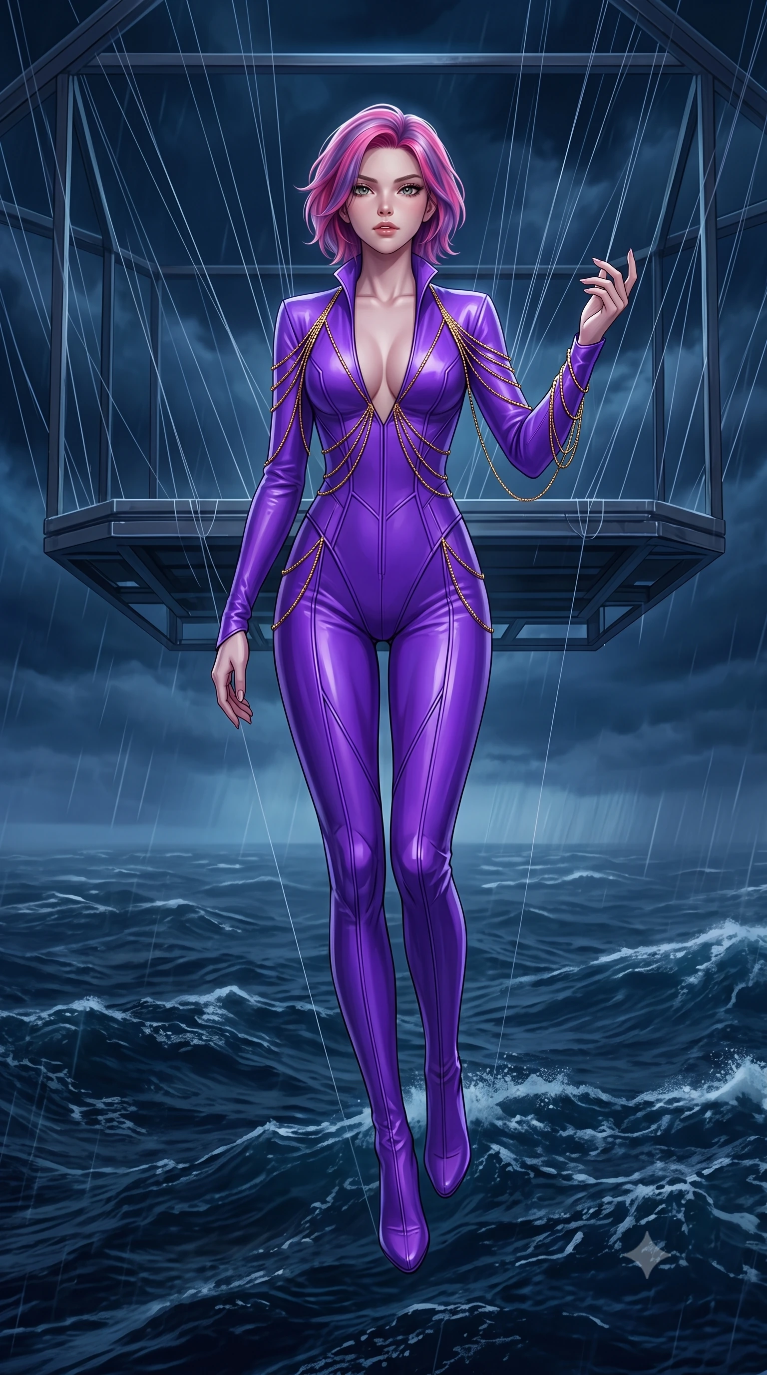 score_9, masterpiece, best quality, ultra-detailed, High-budget Anime Keyframe, Caucasian woman, strictly human ears. Low angle cowboy shot filling the entire 9:16 frame with her statuesque presence. Scenario 505: suspended by invisible silk threads inside a floating platform suspended over a stormy sea of dark blue water. Her presence is magnetic and overpowering in this high-budget anime scene. Outfit 505: a tailored neon violet matte vinyl catsuit featuring an elegant plunging collar and fine gold chains. The clothing is designed to emphasize her exceptionally tall and slender 8-heads proportion. 8-heads proportion, towering silhouette, ultra-slim waist. sharp v-shaped jawline, intricate jewel-like eyes with depth, thick eyelashes, glossy lips. 2k, ultra detail, master piece, 9:16 ratio