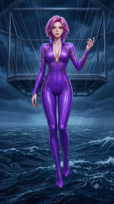 score_9, masterpiece, best quality, ultra-detailed, High-budget Anime Keyframe, Caucasian woman, strictly human ears. Low angle cowboy shot filling the entire 9:16 frame with her statuesque presence. Scenario 505: suspended by invisible silk threads 