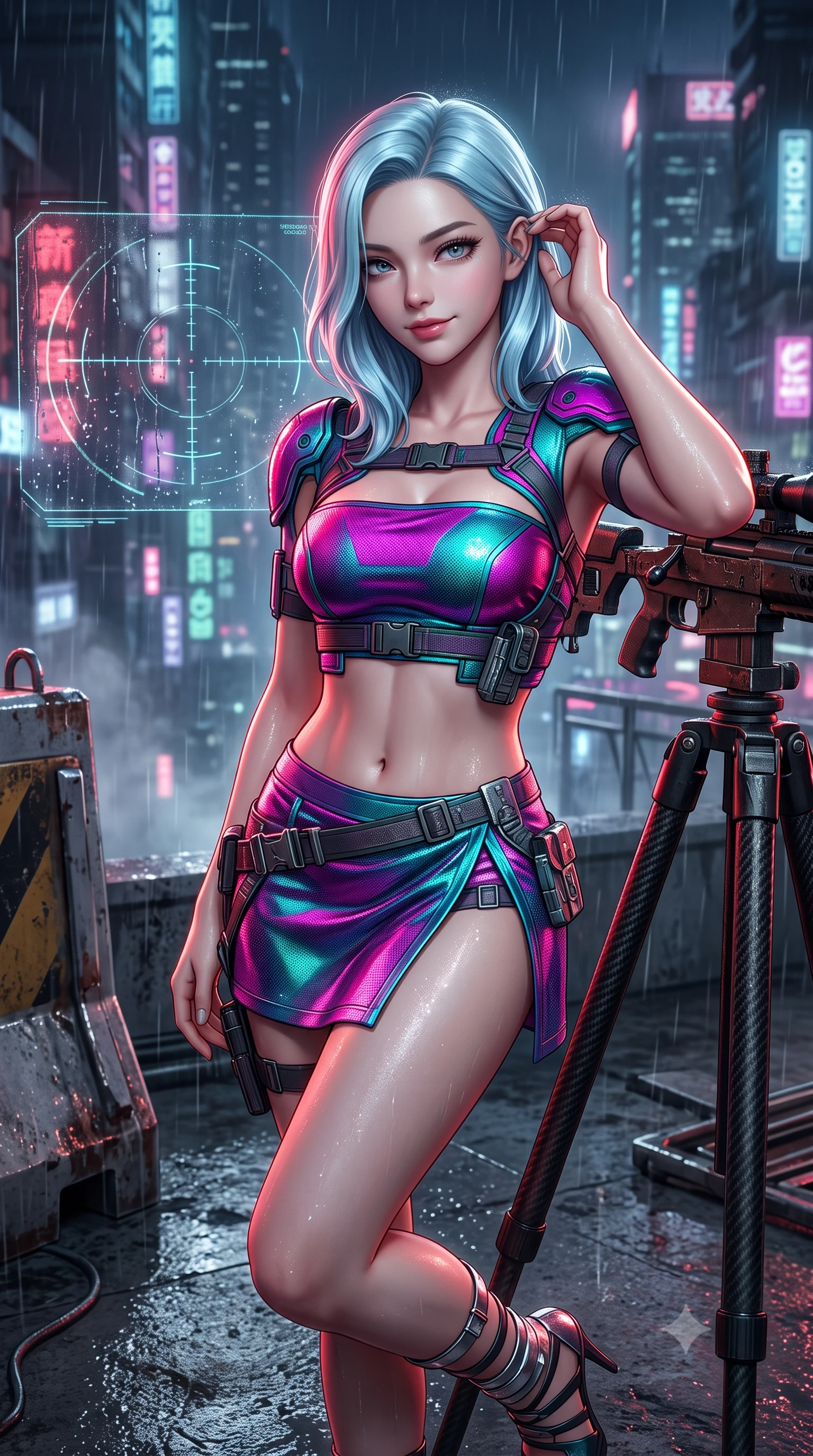 score_9, masterpiece, best quality, ultra-detailed, high-budget anime keyframe, semi-realistic 3D game render, editorial fashion photography, tasteful artistic composition, Korean woman. close-up cowboy shot from the waist and thighs up, the character dominates the composition, filling the frame with her large presence. gently brushing a lock of hair behind her ear while casting a playful, flirtatious side-gaze with long eyelashes while leaning against the carbon-fiber tactical sniper barricade with hips cocked back, looking through rain-streaked holographic reticles at the neon cityscape with smoldering bedroom-eyes. The surrounding environment is rendered in vivid detail and crisp panoramic clarity: sharp weathered concrete textures, tactical tripod carbon-weave legs, and crisp holographic HUD crosshairs in deep focus. She has an exceptionally elegant, slender, and willowy female figure with an ultra-slim waist, flat toned midriff, narrow ribcage, and sculpted feminine hips creating an alluring, slim hourglass silhouette without bulk. sharp v-shaped jawline, high-bridge nose, intricate jewel-like sparkling eyes with depth, thick eyelashes, glossy parted lips with a natural peach sheen, bright cheerful beaming smile with an enchanting and coquettish sensual glint, exuding both youthful cute charm and seductive allure, flawlessly proportioned anatomical accuracy, strict slender model proportions, natural body alignment, perfectly sculpted long slender limbs, ultra-slim waistline, clean dynamic posture without body distortion. wearing an ultra-cropped tactical tech-wear bandeau top with molded shoulder armor paired with a micro mini skirt revealing her flat toned midriff in Kowloon neon magenta and electric teal, crafted from stretch micro-mesh with liquid foil coating that shimmers with every movement, complemented by strappy stiletto sandals with metallic ankle wraps accentuating her slender calves, the high-slit wrap tailoring accentuating her ultra-slim waistline and the enchanting curve of her feminine hips with alluring seductive charm. illuminated by wet concrete reflection bounce and sharp ruby-white rim lights sculpting her jawline, narrow waist, and curvy hips. highly saturated vibrant anime colors, detailed shading with soft gradients, rich glossy textures, high-contrast stereoscopic depth, volumetric dynamic lighting, master piece, 9:16 ratio