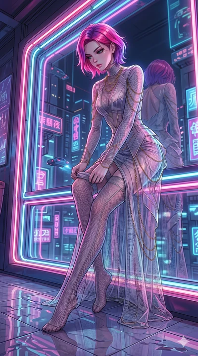 score_9, masterpiece, best quality, ultra-detailed, High-budget Anime Keyframe, East Asian woman. Low angle cowboy shot filling the entire 9:16 frame with her statuesque presence. Scenario 157: Adjusting her elegant hosiery by a glowing neon window. 