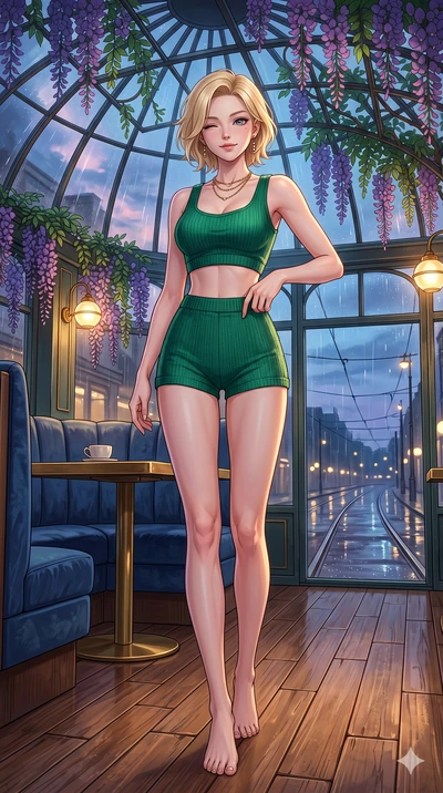 score_9, masterpiece, best quality, ultra-detailed, high-budget anime keyframe, vibrant anime aesthetic, Caucasian woman, strictly human ears. low angle full-body shot from head to toe showing her feet, filling the entire 9:16 vertical frame with her