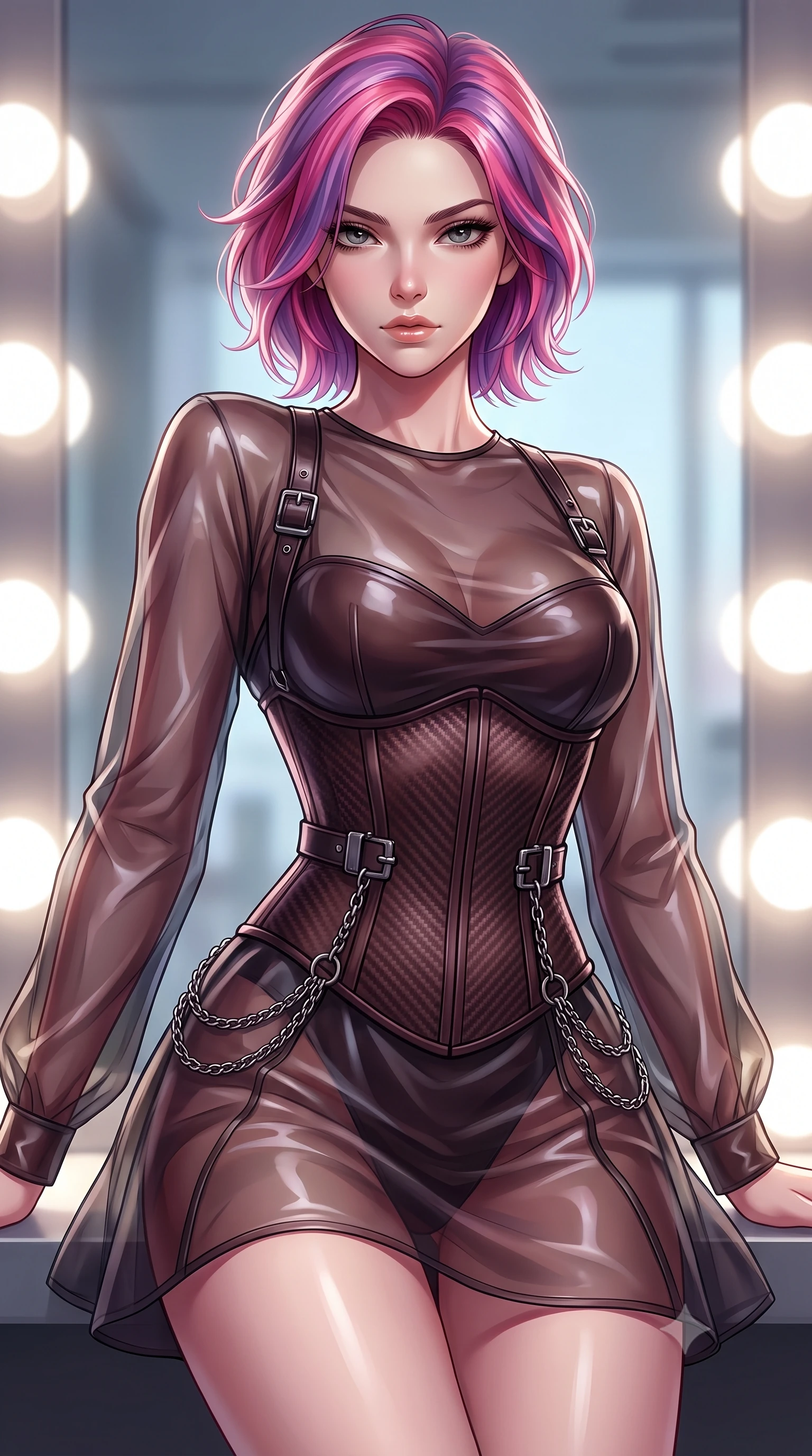 score_9, masterpiece, best quality, ultra-detailed, high-budget anime keyframe, editorial fashion photography, tasteful artistic composition, Caucasian woman. close-up cowboy shot from the waist and thighs up, the character dominates the composition, filling the frame with her large presence, background elements kept in soft focus. Casting a slow, direct gaze beneath heavy lashes with quiet intensity, looking into the camera with direct, magnetic self-assurance and charisma, bright daylight vanity bulbs creating intense circular rim highlights on skin. She has an exceptionally elegant, slender, and willowy female figure with an ultra-slim waist, a gracefully sculpted slender torso, and a refined silhouette. sharp v-shaped jawline, high-bridge nose, intricate jewel-like eyes with depth, thick eyelashes, glossy lips with a natural sheen. wearing translucent dark organza mini dress over structured black lace corset in dark mahogany, made of matte carbon-fiber weave, framed by dark titanium buckles and silver chain details, accentuating her gracefully sculpted slender torso. lit by piercing key light highlighting her statuesque physical features. highly saturated vibrant anime colors, detailed shading with soft gradients, rich glossy textures, high-contrast stereoscopic depth, volumetric dynamic lighting, master piece, 9:16 ratio
