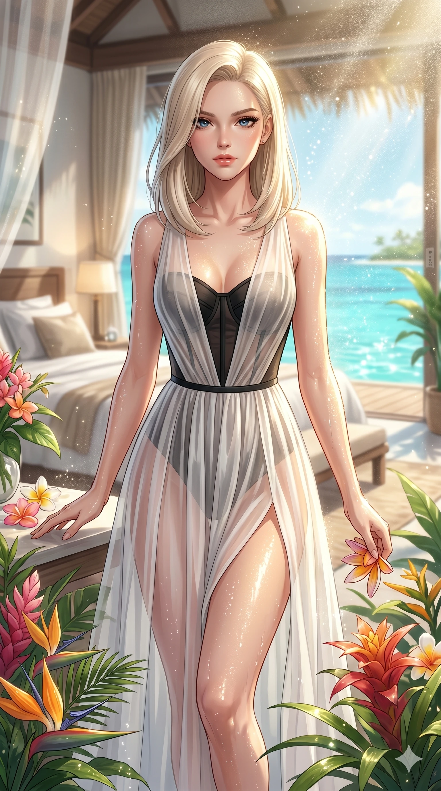 score_9, masterpiece, best quality, ultra-detailed, high-budget anime keyframe, editorial fashion photography, tasteful artistic composition, Caucasian woman, strictly human ears. cowboy shot from the thighs up, character and outfit filling the frame for maximum editorial presence. standing among tropical flowers, looking at the viewer inside a private sunlit bedroom overlooking a sparkling lagoon (Code-P19-159). She has an absolutely perfect 8-heads proportion, an exceptionally tall and slender female figure with impossibly long slender legs and an ultra-slim waist. V-shaped jawline, high-bridge nose, intricate jewel-like eyes with depth, thick eyelashes, glossy lips with a natural sheen. wearing a sheer chiffon dress with a black corset bodice for summer. sunlight refracting through the sea spray, creating a sparkling, wet glow on her. 2k, ultra detail, master piece, 9:16 ratio