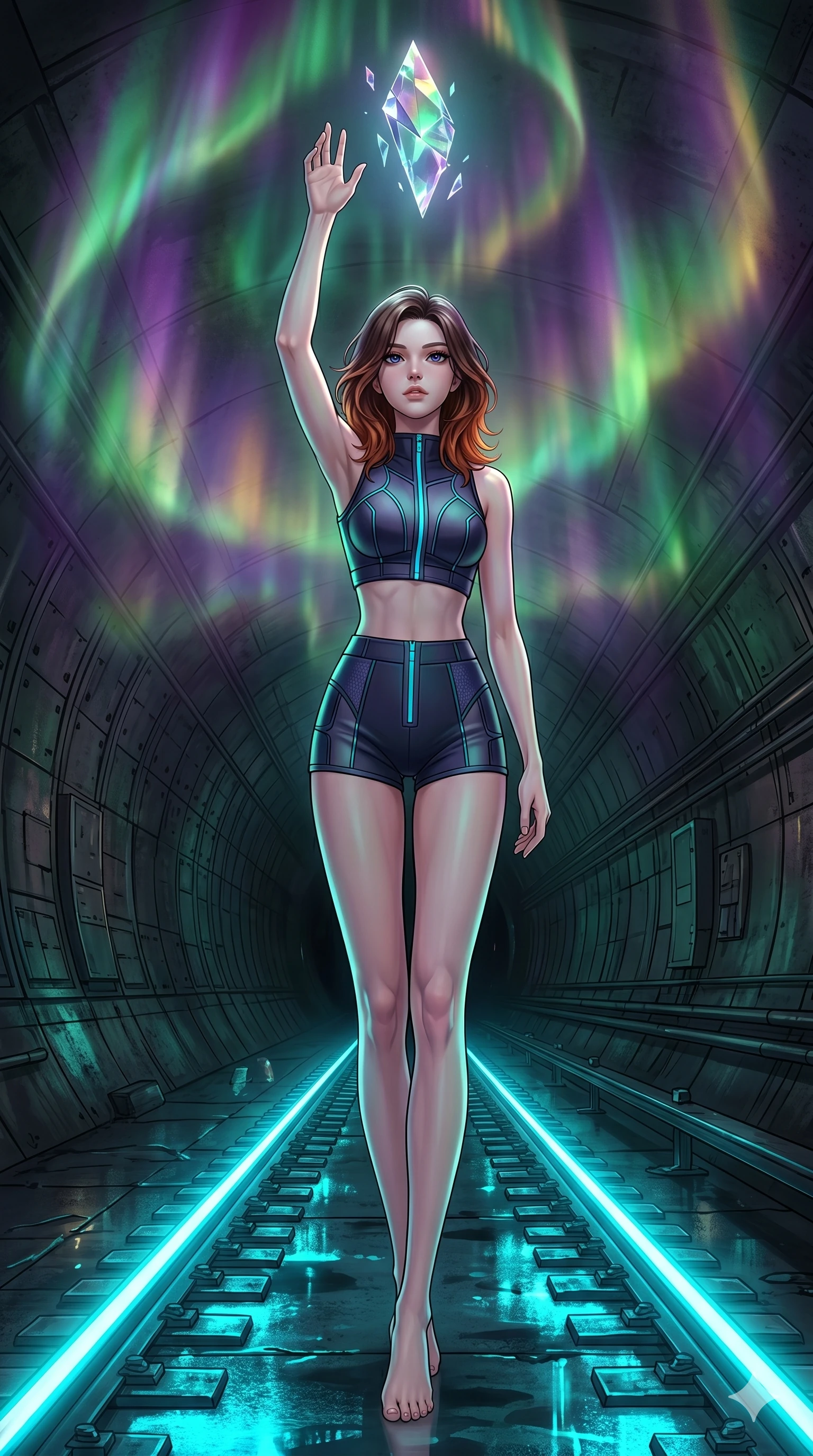 score_9, masterpiece, best quality, ultra-detailed, high-budget anime keyframe, editorial fashion photography, tasteful artistic composition, Korean woman. low angle full-body shot from head to toe showing her feet, filling the entire 9:16 vertical frame with her statuesque presence, stretching her vertical silhouette. Reaching upward with one hand toward a floating shard of light, her body fully elongated within a cyber-punk subway tunnel where train tracks glow with electric cyan light. She has an absolutely perfect 8-heads proportion, an exceptionally tall and slender female figure with impossibly long slender legs and an ultra-slim waist. V-shaped jawline, high-bridge nose, intricate jewel-like eyes with depth, thick eyelashes, glossy lips with a natural sheen. wearing a structured neoprene crop top paired with matching high-waist shorts with neon blue zippers. illuminated by a shifting aurora palette of green, violet, and gold from above, wrapping her in color. 2k, ultra detail, master piece, 9:16 ratio