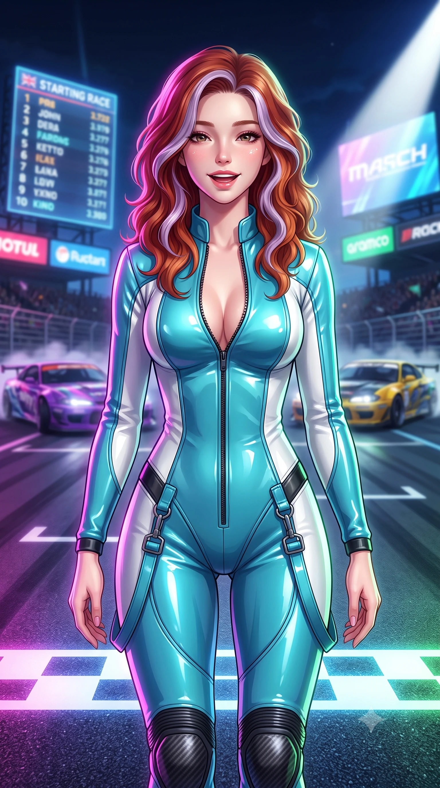 score_9, masterpiece, best quality, ultra-detailed, high-budget anime keyframe, semi-realistic 3D game render, editorial fashion photography, tasteful artistic composition, Caucasian woman. close-up cowboy shot from the waist and thighs up, the character dominates the composition, filling the frame with her large presence. laughing softly with enchanting, forbidden warmth, parted lips glistening as specular highlights illuminate her sculpted cheeks while posing boldly at the center of the illuminated starting grid as giant holographic jumbotrons flash behind her. The composition keeps background elements in soft focus with creamy bokeh. roaring drift cars and grandstand bleachers softened in dynamic shallow depth of field. She has an exceptionally elegant, slender, and willowy female figure with an ultra-slim waist, a gracefully sculpted slender torso, toned flat midriff, and a refined slim silhouette. sharp v-shaped jawline, high-bridge nose, intricate jewel-like eyes with depth, thick eyelashes, glossy parted lips with a natural sheen, intensely captivating and seductive expression, flawlessly proportioned anatomical accuracy, strict slender model proportions, natural body alignment, perfectly sculpted long slender limbs, ultra-slim waistline, clean dynamic posture without body distortion. wearing a high-gloss patent leather racing catsuit with an open front zipper and high stand collar in racing aqua blue and stark white, crafted from flexible ballistic matte leather and aerodynamic stretch neoprene, accented with hanging industrial clip straps and carbon fiber knee sliders, the sleek tactical cut tightly hugging her graceful clavicle, narrow waist, and athletic curves with statuesque precision. bathed in dynamic color-shifting LED race lights and sweeping white spotlight fill. highly saturated vibrant anime colors, detailed shading with soft gradients, rich glossy textures, high-contrast stereoscopic depth, volumetric dynamic lighting, master piece, 9:16 ratio