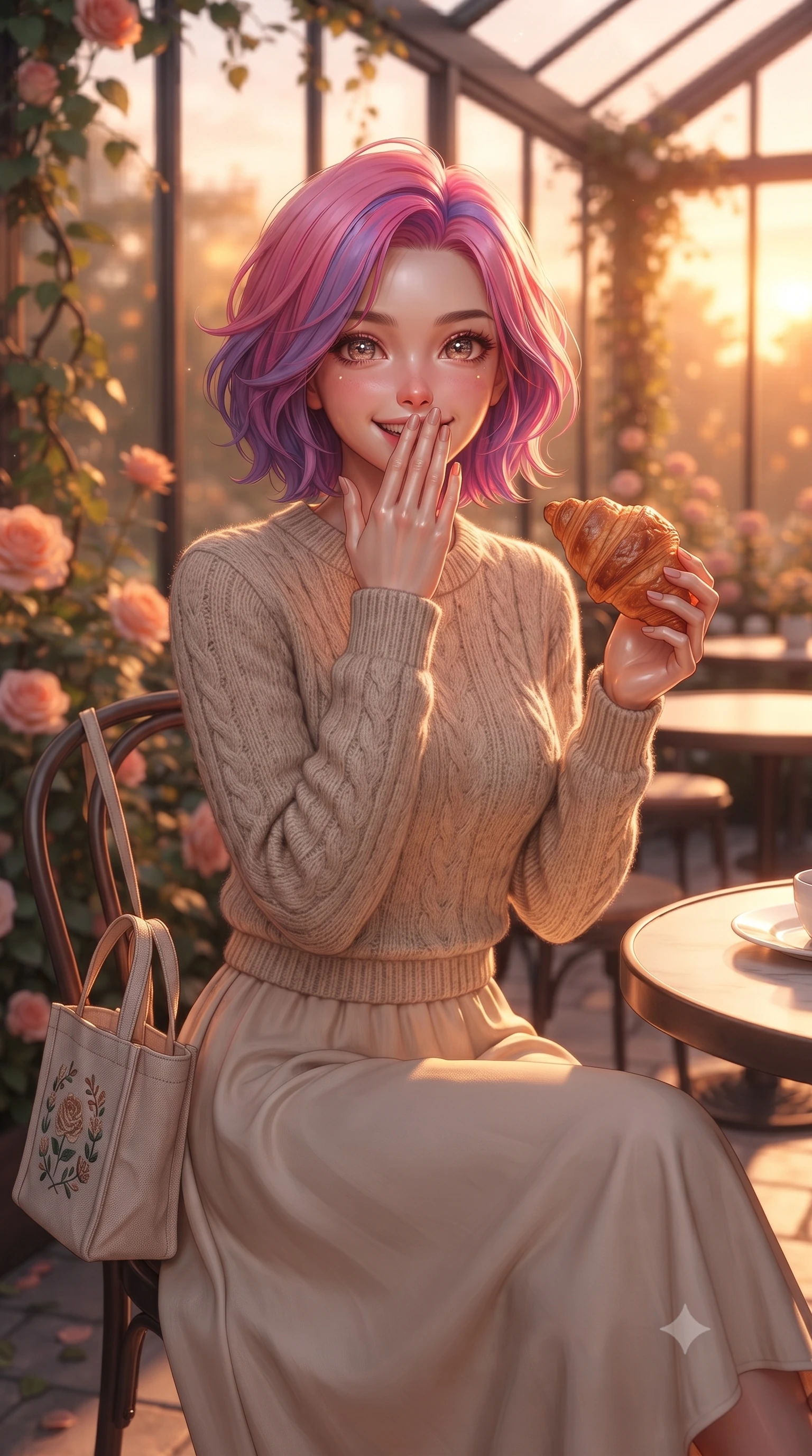 score_9, masterpiece, best quality, ultra-detailed, high-budget anime keyframe, editorial fashion photography, tasteful artistic composition, Caucasian woman. close-up cowboy shot from the waist and thighs up, the character dominates the composition, filling the frame with her large presence, background elements kept in soft focus. giggling cutely behind her hand, her eyes sparkling with joy and bright energy set against a soft-focus background of in a quiet corner table of a glass-walled garden cafe surrounded by roses holding a freshly baked croissant with a happy, delighted look. She has an exceptionally elegant, slender, and willowy female figure with an ultra-slim waist, a gracefully sculpted slender torso, and a refined silhouette. sharp v-shaped jawline, high-bridge nose, intricate jewel-like eyes with depth, thick eyelashes, glossy lips with a natural sheen. wearing body-hugging cozy oatmeal knit sweater paired with a long cotton skirt and a small canvas tote bag. golden hour sunset rays painting the cozy interior in a warm orange wash. ultra-reflective glossy finish, specular highlights, metallic sheen, high-contrast stereoscopic depth, volumetric dynamic lighting, 2k, ultra detail, master piece, 9:16 ratio