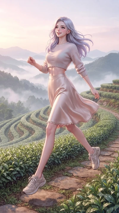 score_9, masterpiece, best quality, ultra-detailed, high-budget anime keyframe, editorial fashion photography, tasteful artistic composition, Caucasian woman. low angle full-body shot from head to toe showing her feet, filling the entire 9:16 vertica