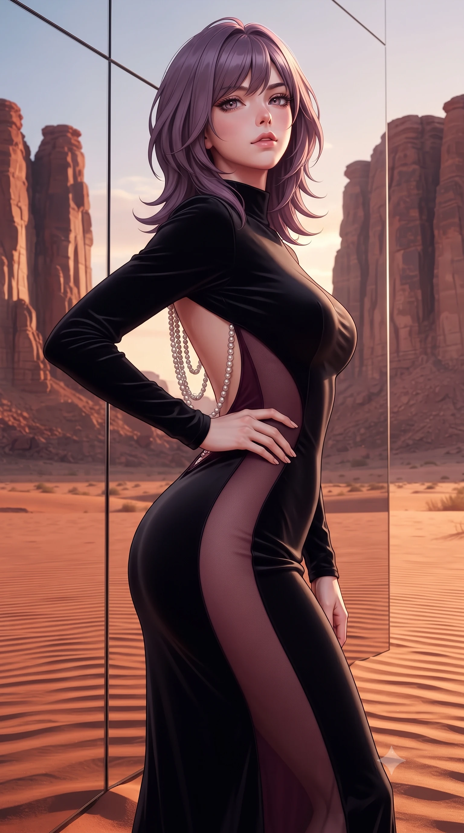 score_9, masterpiece, best quality, ultra-detailed, high-budget anime keyframe, semi-realistic 3D game render, editorial fashion photography, tasteful artistic composition, Japanese woman. close-up cowboy shot from the waist and thighs up, the character dominates the composition, filling the frame with her large presence. tilting her chin up with proud, sovereign allure while gazing through thick eyelashes, one hand resting on her waist in pure supermodel charisma while standing beside the monumental mirrored facade reflecting towering red sandstone monoliths, arching her lower back in high-fashion sovereign poise. The surrounding environment is rendered in vivid detail and crisp panoramic clarity. sharp desert sand ripple crests, mirror panel seam joints, and sandstone cliff striations in deep focus. She has an exceptionally elegant, slender, and willowy female figure with an ultra-slim waist, flat toned midriff, narrow ribcage, and sculpted feminine hips creating an alluring, slim hourglass silhouette without bulk. sharp v-shaped jawline, high-bridge nose, intricate jewel-like eyes with depth, thick eyelashes, glossy parted lips with a natural sheen, intensely captivating and seductive bedroom-eyes expression, flawlessly proportioned anatomical accuracy, strict slender model proportions, natural body alignment, perfectly sculpted long slender limbs, ultra-slim waistline, clean dynamic posture without body distortion. wearing a second-skin black silk jersey maxi dress with asymmetrical sheer mesh side panels tracing the full curve of her hip in deep wine burgundy and brushed dark platinum, crafted from heavyweight crushed silk velvet with liquid vintage luster, accented with a multi-strand pearl back necklace cascading down her bare spine to her hips, the glove-like aerodynamic silhouette tightly following the natural contour of her hips and long slender legs with statuesque 8.5-heads elegance. illuminated by mirror-bounce sunset rays sharply defining her sculpted collarbones, ultra-slim waist, and curvy hips. highly saturated vibrant anime colors, detailed shading with soft gradients, rich glossy textures, high-contrast stereoscopic depth, volumetric dynamic lighting, master piece, 9:16 ratio