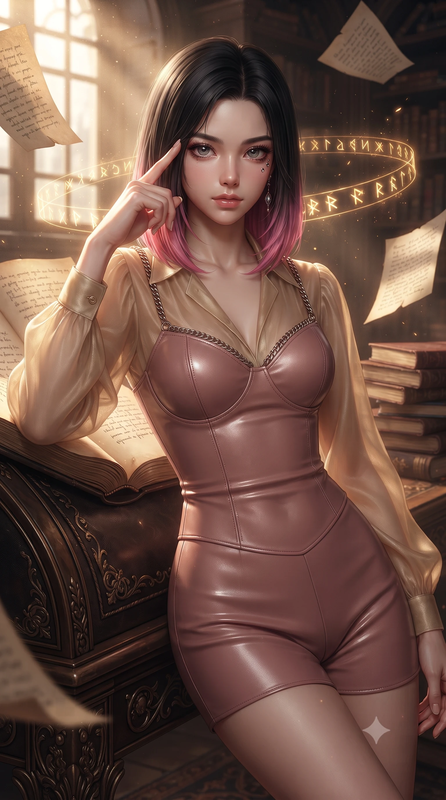 score_9, masterpiece, best quality, ultra-detailed, high-budget anime keyframe, editorial fashion photography, tasteful artistic composition, Korean woman. close-up cowboy shot from the waist and thighs up, the character dominates the composition, filling the frame with her large presence, background elements kept in soft focus. Pressing two fingers to her temple in a composed thoughtful gesture with an air of magnetic charisma resting against an ornate leather reading desk amidst glowing spell folios, floating paper pages and glowing magic runes hovering in the quiet air. She has an exceptionally elegant, slender, and willowy female figure with an ultra-slim waist, a gracefully sculpted slender torso, and a refined silhouette. sharp v-shaped jawline, high-bridge nose, intricate jewel-like eyes with depth, thick eyelashes, glossy lips with a natural sheen. wearing a tailored leather bustier over a sheer silk chiffon blouse in dusty rose and champagne gold, formed from sleek second-skin neoprene, adorned with delicate metallic chain straps along the neckline, the sleek second-skin texture accentuating her magnetic presence. bathed in warm dusty sunbeams and golden inner glow from floating pages. ultra-reflective glossy finish, specular highlights, metallic sheen, high-contrast stereoscopic depth, volumetric dynamic lighting, 2k, ultra detail, master piece, 9:16 ratio