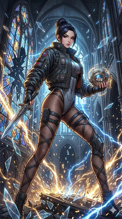 score_9, masterpiece, best quality, ultra-detailed, Set A: High-budget Anime Keyframe, Japanese woman. Low angle cowboy shot filling the entire 9:16 frame with her statuesque presence. Drawing a blade through a shattered glass cathedral, holding a re