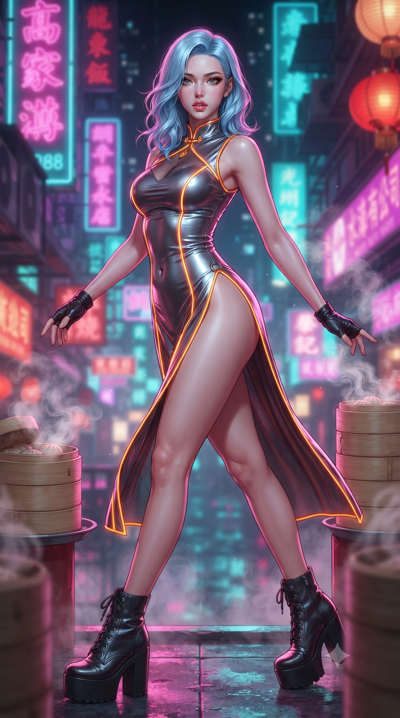 score_9, masterpiece, best quality, ultra-detailed, high-budget anime keyframe, editorial fashion photography, tasteful artistic composition, Korean woman. close-up cowboy shot from the waist and thighs up, the character dominates the composition, filling the frame with her large presence. arching her spine backward with effortless dancer poise, one hand sliding along her hip line as directional light carves specular highlights along her silhouette while striding across the neon-drenched rooftop deck as steam curls from dim sum bamboo steamers, her high-slit dress fluttering to reveal her long slender legs. The composition keeps background elements in soft focus with creamy bokeh. swirling tea steam vapors and glowing neon kanji signs blurred into electric magenta, turquoise, and lantern-scarlet bokeh. She has an exceptionally elegant, slender, and willowy female figure with an ultra-slim waist, a gracefully sculpted slender torso, toned flat midriff, and rounded feminine hips creating an alluring hourglass silhouette. sharp v-shaped jawline, high-bridge nose, intricate jewel-like eyes with depth, thick eyelashes, glossy parted lips with a natural sheen, intensely captivating and seductive bedroom-eyes expression, flawlessly proportioned anatomical accuracy, strict slender model proportions, natural body alignment, perfectly sculpted long slender limbs, ultra-slim waistline, clean dynamic posture without body distortion. wearing a modernized cyber-qipao mini dress with an ultra-high side slit ascending to the hip and glowing LED piping in metallic gunmetal and laser orange, made of breathable technical athletic mesh and liquid-finish track nylon, accessorized with bold platform boots and fingerless leather gloves, the second-skin form-contouring cut accentuating her sculpted flat midriff, narrow waistline, and dramatically curvy hips without adding bulk. illuminated by wet specular asphalt bounce lights sharply sculpting her narrow waist and rounded hips. ultra-reflective glossy finish, specular highlights, rich textural contrasts, high-contrast stereoscopic depth, volumetric dynamic lighting, 2k, ultra detail, master piece, 9:16 ratio