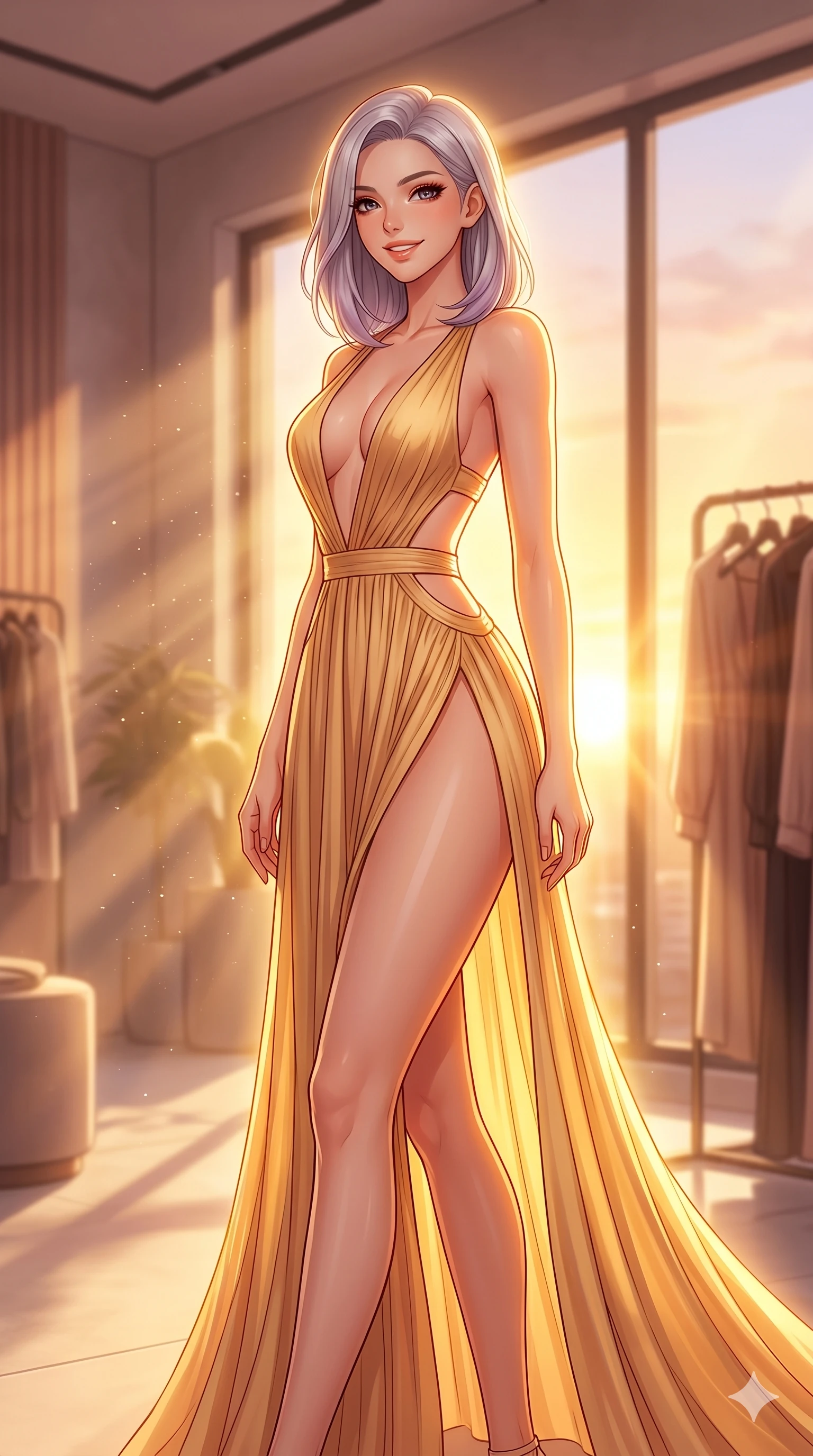 score_9, masterpiece, best quality, ultra-detailed, high-budget anime keyframe, vibrant anime aesthetic, Caucasian woman, strictly human ears. cowboy shot from the thighs up, character and outfit filling the frame for maximum presence. She is standing tall, looking over her shoulder with a radiant, smiling expression inside a chic designer showroom with sunbeams (Code-P20-100). She has an absolutely perfect 8-heads proportion, an exceptionally tall and slender female figure with impossibly long slender legs and an ultra-slim waist. V-shaped jawline, high-bridge nose, intricate jewel-like eyes with depth, thick eyelashes, glossy lips with a natural sheen. wearing a high-slit resort dress with plunging neckline and side cutouts. She is glowing with warm sunset light radiating from the horizon, casting a golden aura. 2k, ultra detail, master piece, 9:16 ratio