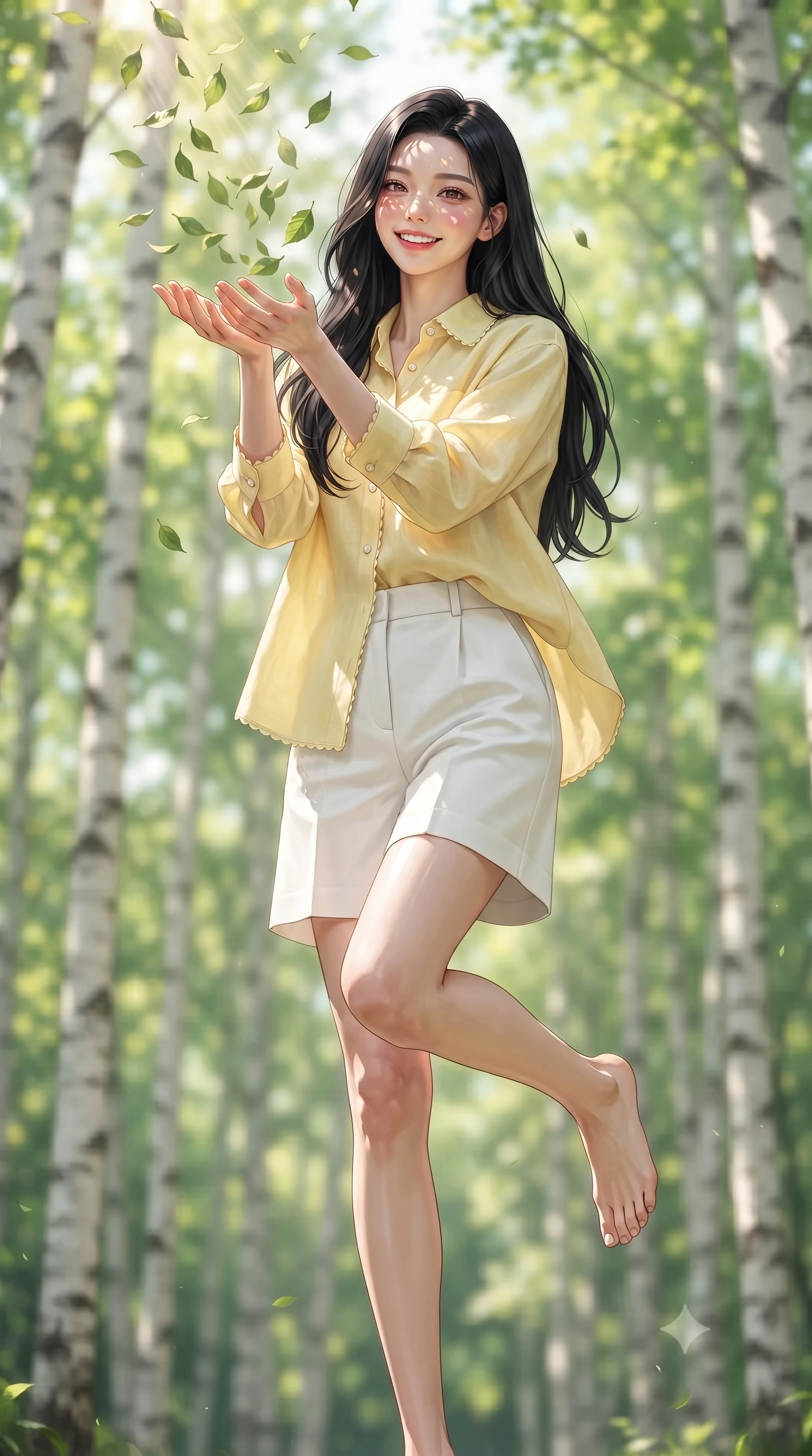 score_9, masterpiece, best quality, ultra-detailed, high-budget anime keyframe, editorial fashion photography, tasteful artistic composition, Korean woman. low angle full-body shot from head to toe showing her feet, filling the entire 9:16 vertical frame with her statuesque presence, stretching her vertical silhouette. standing poised on one leg with a playful hop and joyful expression, her long legs and slender figure highlighted against the landscape while catching dancing sunbeams and falling green leaves with cupped hands in a joyful, dynamic pose. The composition keeps background elements in soft focus with creamy bokeh. slender white birch tree trunks and sunlit green forest canopies blurred into dreamy emerald and golden bokeh. She has an absolutely perfect, statuesque 8.5-heads proportion, an exceptionally tall and slender model-like female figure with impossibly long slender legs, a toned flat midriff, and an ultra-slim waist. sharp v-shaped jawline, high-bridge nose, intricate jewel-like eyes with depth, thick eyelashes, glossy lips with a natural sheen, pure and lovely fresh girlhood expression, flawlessly proportioned anatomical accuracy, strict slender model proportions, natural body alignment, perfectly sculpted long slender limbs, ultra-slim waistline, clean dynamic posture without body distortion. wearing a lightweight pastel linen button-down shirt paired with tailored high-rise white Bermuda shorts in sunny daffodil yellow and french blue, knitted from ultra-soft cozy baby-cashmere yarn, finished with delicate scallop trims and tiny pearl buttons, the soft airy drape swaying gracefully with her dynamic movements, emphasizing her tall willowy build and slim waistline. illuminated by soft natural dappled forest light creating playful sun patterns across her face and dress. ultra-reflective glossy finish, specular highlights, rich natural textures, high-contrast stereoscopic depth, volumetric dynamic lighting, 2k, ultra detail, master piece, 9:16 ratio