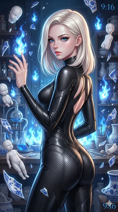 score_9, masterpiece, best quality, ultra-detailed, high-budget anime keyframe, Caucasian woman, strictly human ears. upper body close-up from the thighs up, character filling the screen for maximum presence. assisting in an alchemical porcelain work