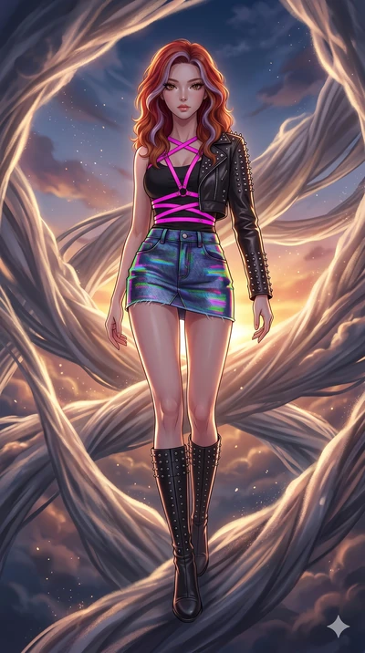score_9, masterpiece, best quality, ultra-detailed, high-budget anime keyframe, Korean woman. low angle full-body shot filling the entire 9:16 frame with her statuesque presence, stretching the vertical silhouette. threading through a volumetric clou