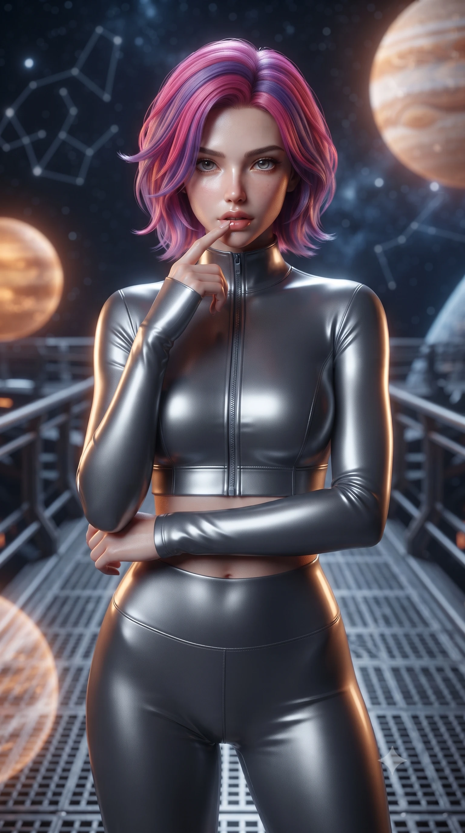 score_9, masterpiece, best quality, ultra-detailed, high-budget anime keyframe, editorial fashion photography, tasteful artistic composition, Caucasian woman. close-up cowboy shot from the waist and thighs up, the character dominates the composition, filling the frame with her large presence, background elements kept in soft focus. pressing one finger to her bottom lip in a thoughtful, composed gesture, locking eyes with the viewer, the background shows a soft-focus a citadel catwalk made of carbon-fiber grids and steel railings in space. She has an exceptionally elegant, slender, and willowy female figure with an ultra-slim waist, a gracefully sculpted slender torso, and a refined silhouette. sharp v-shaped jawline, high-bridge nose, intricate jewel-like eyes with depth, thick eyelashes, glossy lips with a natural sheen. wearing a tailored body-hugging high-neck activewear set of a zipped long-sleeve crop top and matching leggings in carbon-grey. starlight and the warm amber glow of planetary holograms on her form. ultra-reflective glossy finish, specular highlights, metallic sheen, high-contrast stereoscopic depth, volumetric dynamic lighting, 2k, ultra detail, master piece, 9:16 ratio
