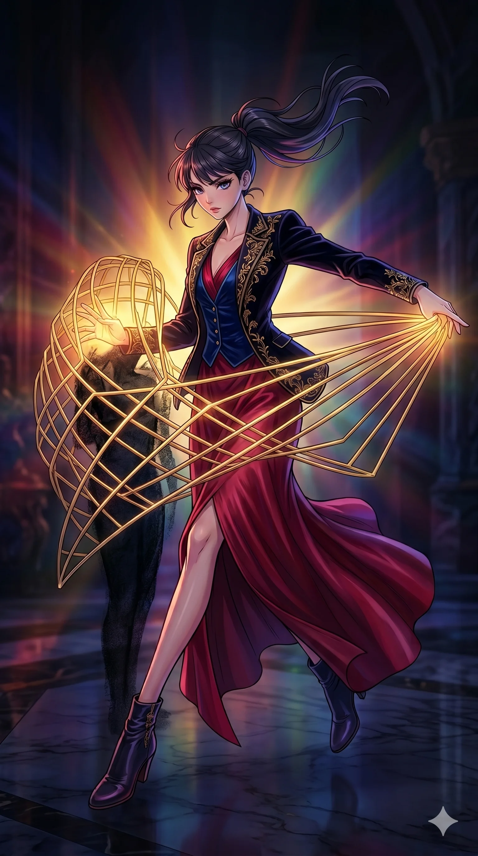 score_9, masterpiece, best quality, ultra-detailed, high-budget anime movie keyframe, cinematic anime lighting, intricate line art, Caucasian (strictly human ears) woman. Mid-air action shot capturing a graceful twist and vertical silhouette. weaving a cage of golden bars around a shadowy figure. She has an graceful and slender female figure with elegant proportions. strictly human anatomy, two legs only, no extra limbs, clearly defined legs and arms, well-defined anatomy, perfect hands and fingers. sharp v-shaped jawline, high-bridge nose, intricate jewel-like eyes, thick eyelashes, glossy lips. Wearing High-Fashion Editorial: Sophisticated silk gown, elegant velvet dress, and a structured designer blazer. The scene is illuminated by dramatic atmospheric lighting and vibrant color palettes. , 2k, ultra detail, master piece, 9:16 ratio