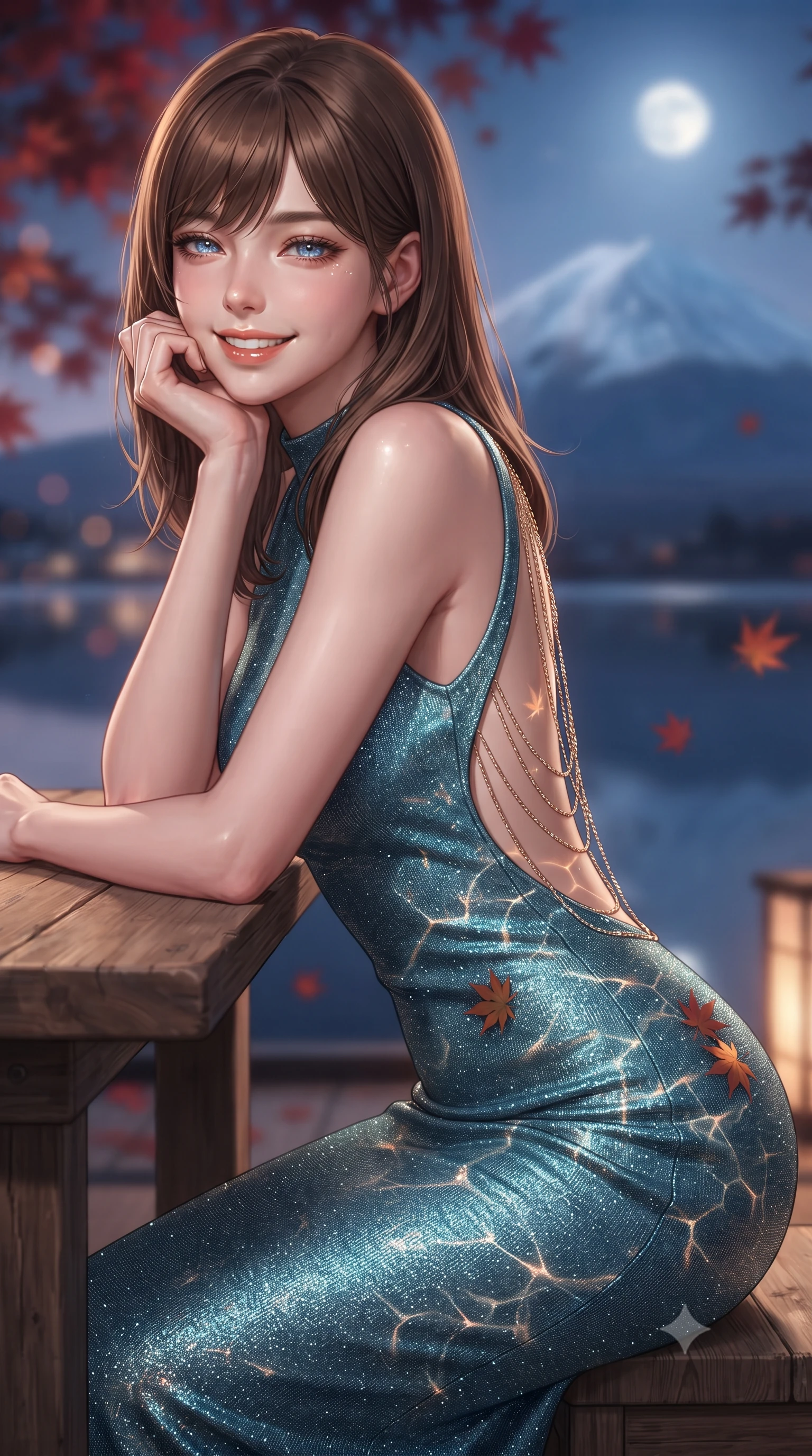 score_9, masterpiece, best quality, ultra-detailed, high-budget anime keyframe, editorial fashion photography, tasteful artistic composition, Korean woman. close-up cowboy shot from the waist and thighs up, the character dominates the composition, filling the frame with her large presence. resting one elbow on the table and supporting her chin, leaning close to the camera with heavy-lidded sparkling eyes and parted lips while twisting her slender torso in an alluring contrapposto stance beside floating Japanese maple leaves, mineral spring caustics tracing her flat midriff and curvy hips. The background shows a soft-focus majestic symmetrical silhouette of snow-capped Mount Fuji illuminated under the twilight moon, mirror lake reflections, and red autumn maples blurred into indigo, snow-white, and crimson bokeh. She has an exceptionally elegant, slender, and willowy female figure with an ultra-slim waist, flat toned midriff, narrow ribcage, and sculpted feminine hips creating an alluring, slim hourglass silhouette without bulk. sharp v-shaped jawline, high-bridge nose, intricate jewel-like sparkling eyes with depth, thick eyelashes, glossy parted lips with a natural peach sheen, bright cheerful beaming smile with an enchanting and coquettish sensual glint, exuding both youthful cute charm and seductive allure, flawlessly proportioned anatomical accuracy, strict slender model proportions, natural body alignment, perfectly sculpted long slender limbs, ultra-slim waistline, clean dynamic posture without body distortion. wearing a sculpted metallic lurex knit column dress clinging smoothly to her curves with radiant shimmer in Icelandic geothermal cyan and volcanic basalt obsidian, woven from stretch metallic lurex jersey casting radiant starlight glints across her curves, accented with an open-back drape framed by falling strands of delicate gold chains, the second-skin tailored fabric adhering flawlessly to her sculpted flat midriff and slender torso, emphasizing her long leg lines and perfectly proportioned willowy build. bathed in the warm 2500K glow of Japanese washi paper floor lanterns mixed with crisp silver moonlight on Mount Fuji's snows. ultra-reflective glossy finish, specular highlights, rich textural contrasts, high-contrast stereoscopic depth, volumetric dynamic lighting, 2k, ultra detail, master piece, 9:16 ratio