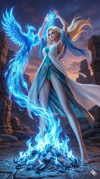 score_9, masterpiece, best quality, ultra-detailed, semi-realistic 3D game render, high-fidelity textures, Unreal Engine 5 style, Korean woman. Dynamic full-body shot stretching the vertical silhouette with extreme perspective. summoning a phoenix of