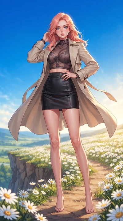 score_9, masterpiece, best quality, ultra-detailed, high-budget anime keyframe, editorial fashion photography, tasteful artistic composition, Japanese woman woman. low angle full-body shot from head to toe showing her feet, filling the entire 9:16 ve