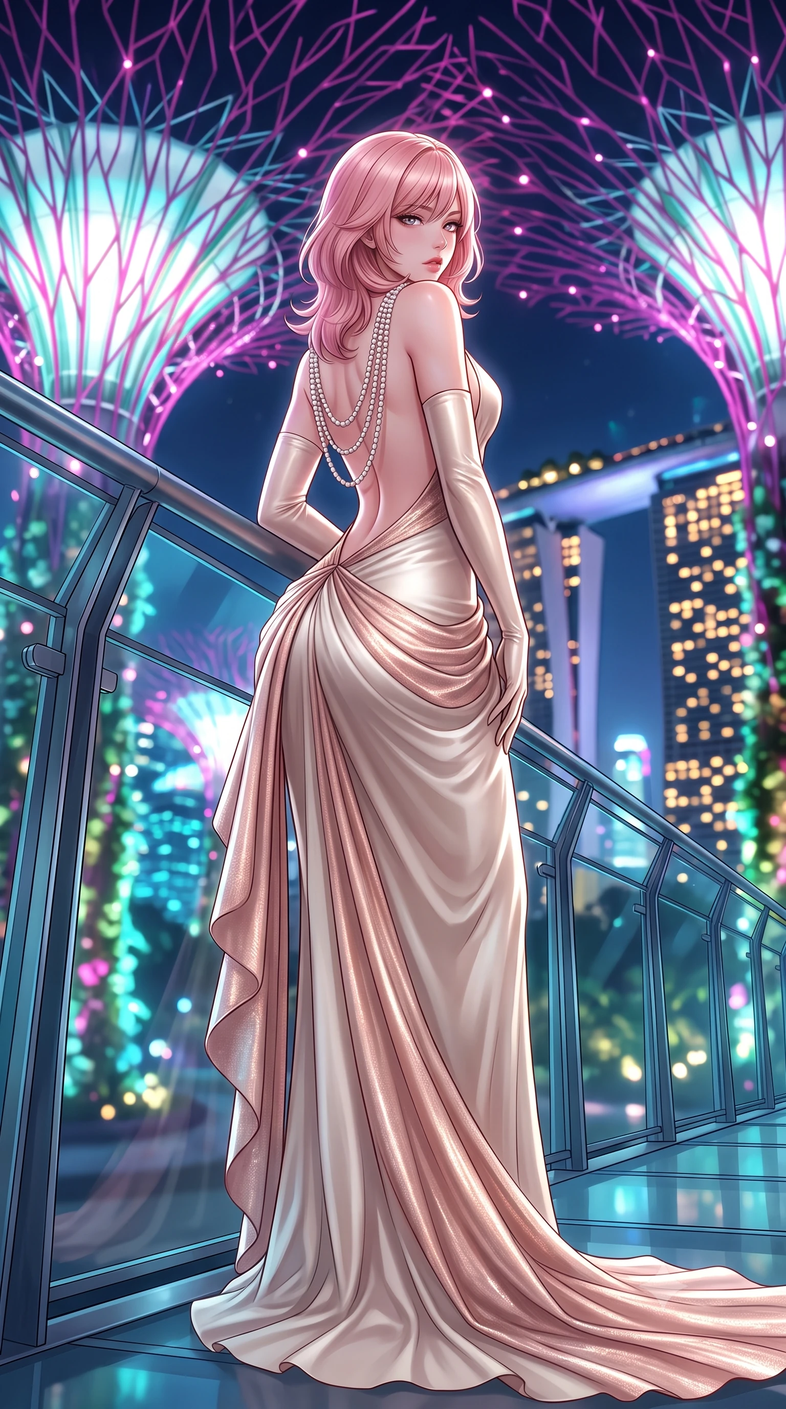 score_9, masterpiece, best quality, ultra-detailed, high-budget anime keyframe, semi-realistic 3D game render, editorial fashion photography, tasteful artistic composition, Japanese woman. low angle full-body shot from head to toe showing her feet, filling the entire 9:16 vertical frame with her statuesque presence, stretching her vertical silhouette. leaning deep against the structural architecture with hips cocked in an unapologetically bold, seductive high-fashion stance while leaning forward over the transparent skyway glass railing with hips cocked back, looking back over her shoulder as glowing supertree branches illuminate her curvy hips. The composition keeps background elements in soft focus with creamy bokeh. giant illuminated supertree bio-domes and Marina Bay Sands towers blurred into electric magenta, turquoise, and gold bokeh. She has an exceptionally tall and slender model-like 8.5-heads proportion, an ultra-slim waist, a flat toned midriff, narrow delicate ribcage, and beautifully sculpted feminine hips creating a graceful, slim hourglass silhouette without any bulky heaviness, with impossibly long slender legs. sharp v-shaped jawline, high-bridge nose, intricate jewel-like eyes with depth, thick eyelashes, glossy parted lips with a natural sheen, intensely captivating and seductive bedroom-eyes expression, flawlessly proportioned anatomical accuracy, strict slender model proportions, natural body alignment, perfectly sculpted long slender limbs, ultra-slim waistline, clean dynamic posture without body distortion. wearing an open-back duchess satin gala gown with a dramatic hip-hugging drape and cascading trailing hem in vintage champagne ivory and delicate rose gold, crafted from luxurious metallic lamé that shifts radiance with every step, accented with a multi-strand pearl back necklace cascading down her bare spine to her hips, the glove-like aerodynamic silhouette tightly following the natural contour of her hips and long slender legs with statuesque 8.5-heads elegance. surrounded by a visionary, electrifying, and breathlessly magnificent eco-metropolis queen aura. highly saturated vibrant anime colors, detailed shading with soft gradients, rich glossy textures, high-contrast stereoscopic depth, volumetric dynamic lighting, master piece, 9:16 ratio