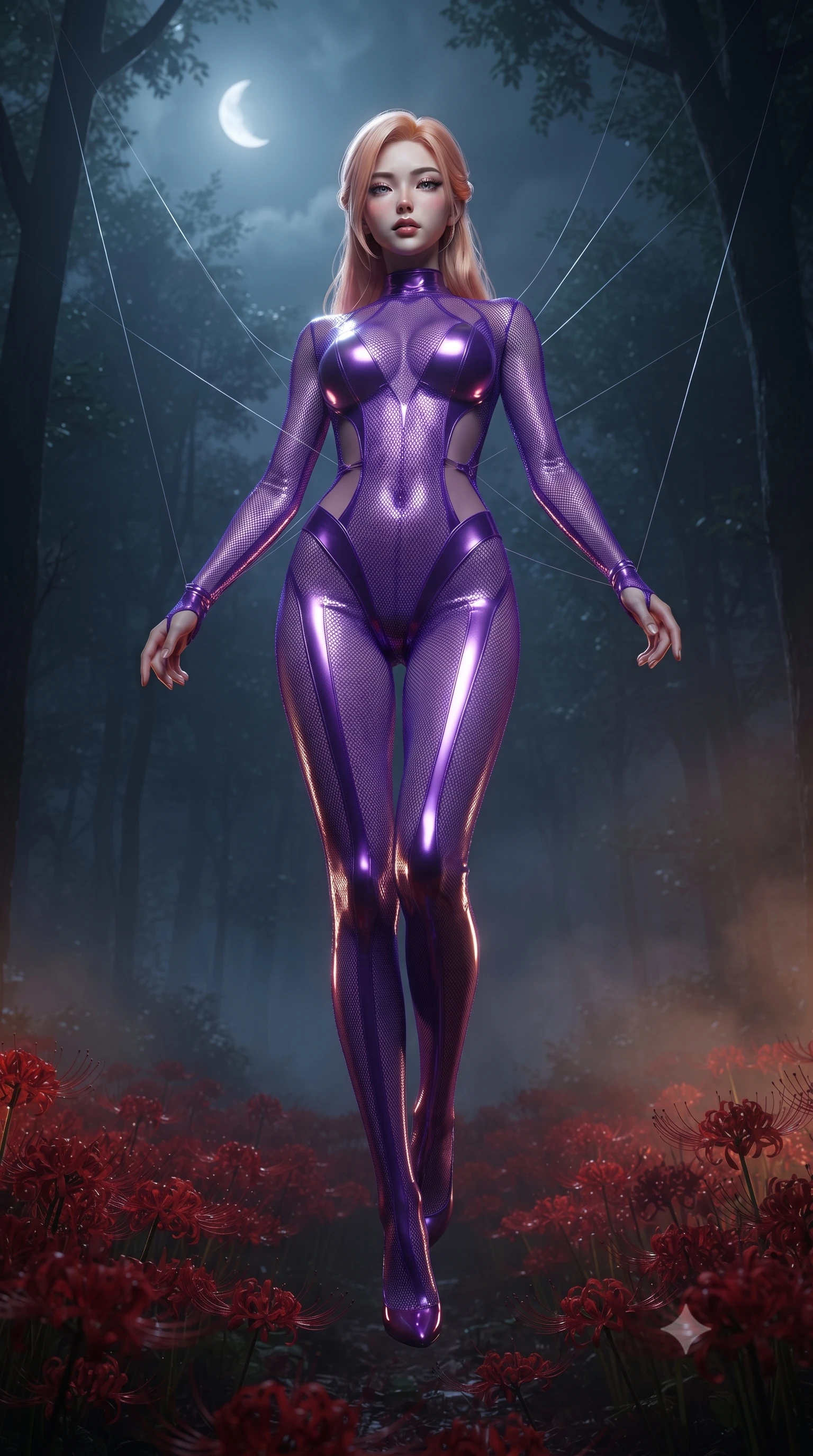 score_9, masterpiece, best quality, ultra-detailed, High-budget Anime Keyframe, editorial fashion photography, tasteful artistic composition, realistic cosplay photography, East Asian woman. Low angle cowboy shot filling the entire 9:16 frame with her statuesque presence. Scenario 508: suspended by invisible silk threads inside a misty dark forest under a crescent moon with red spider lilies blooming. Her presence is magnetic and overpowering in this high-budget cinematic scene. Outfit 508: a slim-fit neon violet micro-mesh lace catsuit with sheer sleeves and opaque panels. The clothing is designed to emphasize her exceptionally tall and slender 8-heads proportion. 8-heads proportion, towering silhouette, ultra-slim waist. sharp v-shaped jawline, intricate jewel-like eyes with depth, thick eyelashes, glossy lips. ultra-reflective glossy finish, specular highlights, metallic sheen, high-contrast stereoscopic depth, volumetric dynamic lighting, 2k, ultra detail, master piece, 9:16 ratio