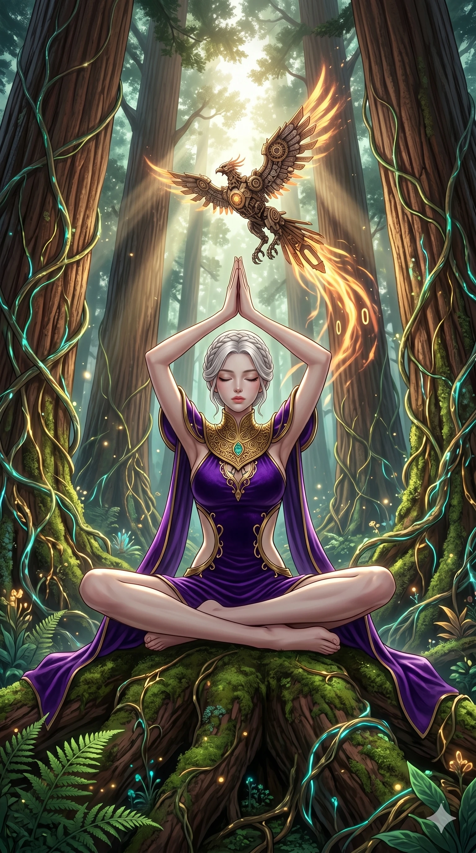 score_9, masterpiece, best quality, ultra-detailed, Set A: High-budget Anime Keyframe, Korean woman. Low angle cowboy shot filling the entire 9:16 frame with her statuesque presence. Theme: Primal Nature. meditating in a giant redwood forest with glowing vines, while a mechanical phoenix rises in the background marked 0. The atmosphere is filled with cinematic sunlight through leaves. She has an absolutely perfect 8-heads proportion, an exceptionally tall and slender female figure with impossibly long slender legs and an ultra-slim waist. Sharp v-shaped jawline, high-bridge nose, intricate jewel-like eyes with depth, glossy lips. Wearing Royal purple velvet gown with a massive gold-engraved neck-piece and open sides. Cinematic lighting, vivid colors, dramatic shadows, 2k, ultra detail, master piece, 9:16 ratio