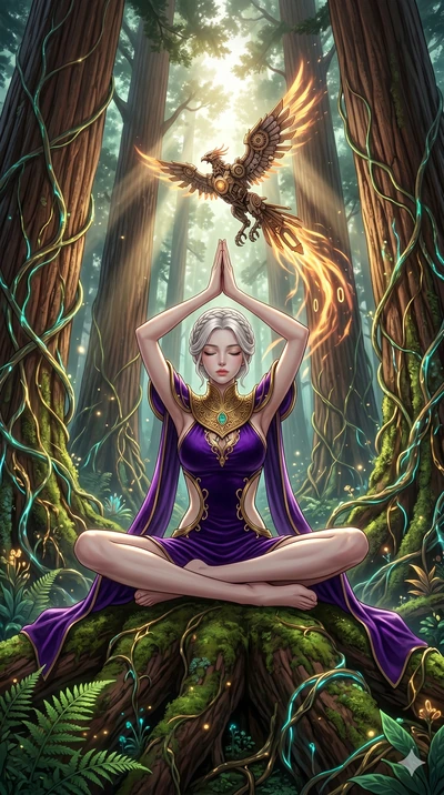 score_9, masterpiece, best quality, ultra-detailed, Set A: High-budget Anime Keyframe, Korean woman. Low angle cowboy shot filling the entire 9:16 frame with her statuesque presence. Theme: Primal Nature. meditating in a giant redwood forest with glo