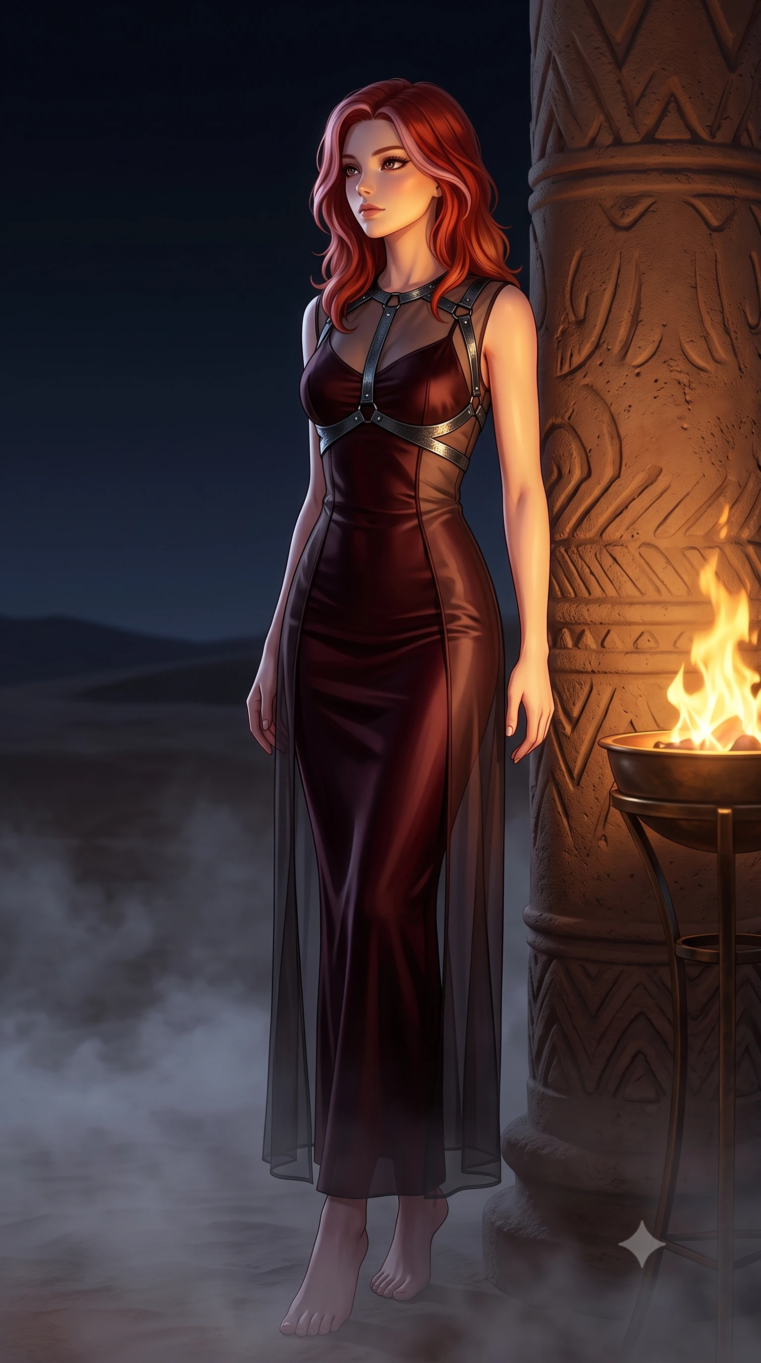 score_9, masterpiece, best quality, ultra-detailed, high-budget anime keyframe, editorial fashion photography, tasteful artistic composition, Caucasian woman. low angle full-body shot from head to toe showing her feet, filling the entire 9:16 vertical frame with her statuesque presence, stretching her vertical silhouette. forging confidently through the floating mist, holding a poised statuesque stance, resting against a carved clay pillar looking out at a dark desert horizon, flickering bronze brazier light casting warm golden rays across her body. She has an absolutely perfect, statuesque 8.5-heads proportion, an exceptionally tall and slender model-like female figure with impossibly long slender legs and an ultra-slim waist. sharp v-shaped jawline, high-bridge nose, intricate jewel-like eyes with depth, thick eyelashes, glossy lips with a natural sheen. wearing form-contouring dark crimson liquid silk long slip dress in dark mahogany, made of sheer dark organza overlay, highlighted by a gunmetal metallic harness structure, highlighting her statuesque proportions and ultra-slim waistline. lit by low-key flame light piercing through dark desert night air. highly saturated vibrant anime colors, detailed shading with soft gradients, rich glossy textures, high-contrast stereoscopic depth, volumetric dynamic lighting, master piece, 9:16 ratio